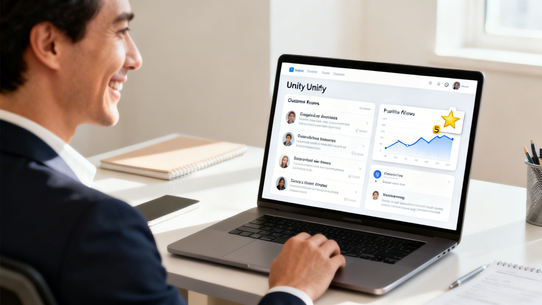 Smiling man in a suit uses a laptop with a business dashboard showing customer reviews and a positive review graph.