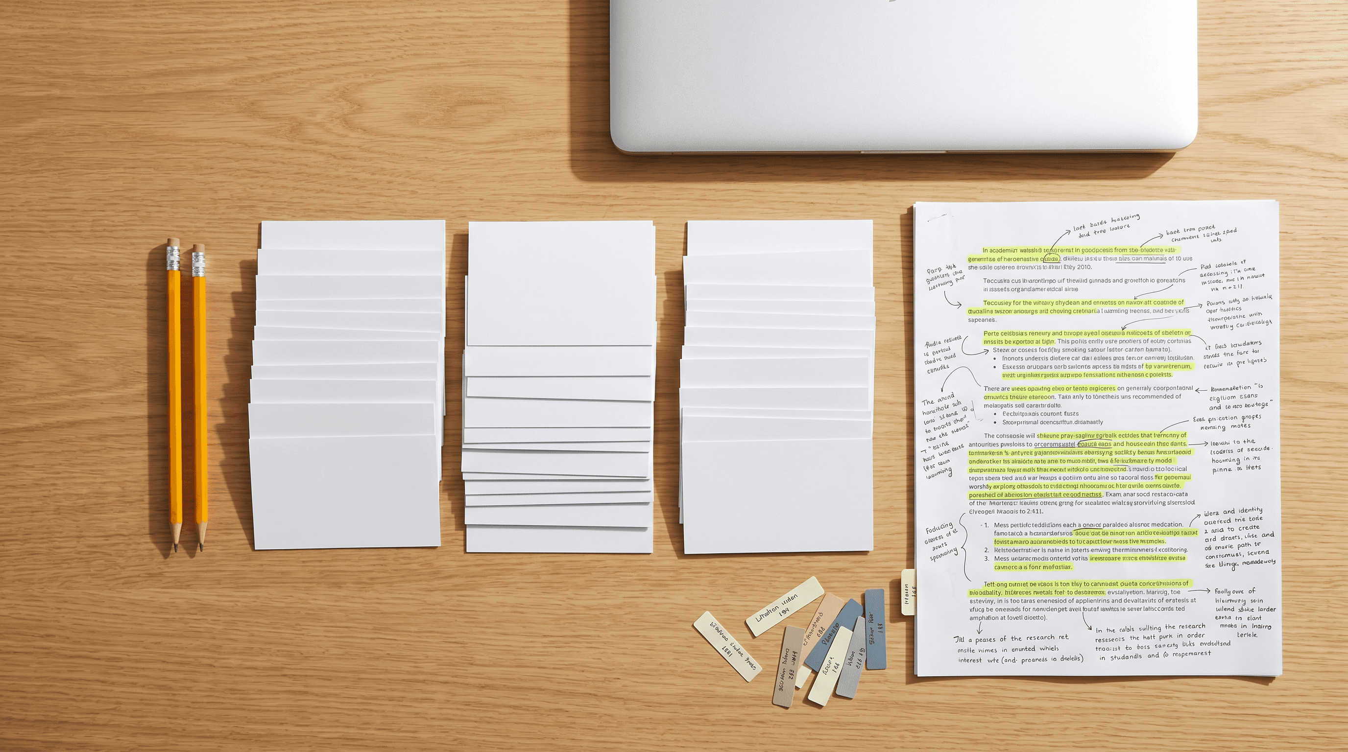 Sorted research app cards beside marked-up papers