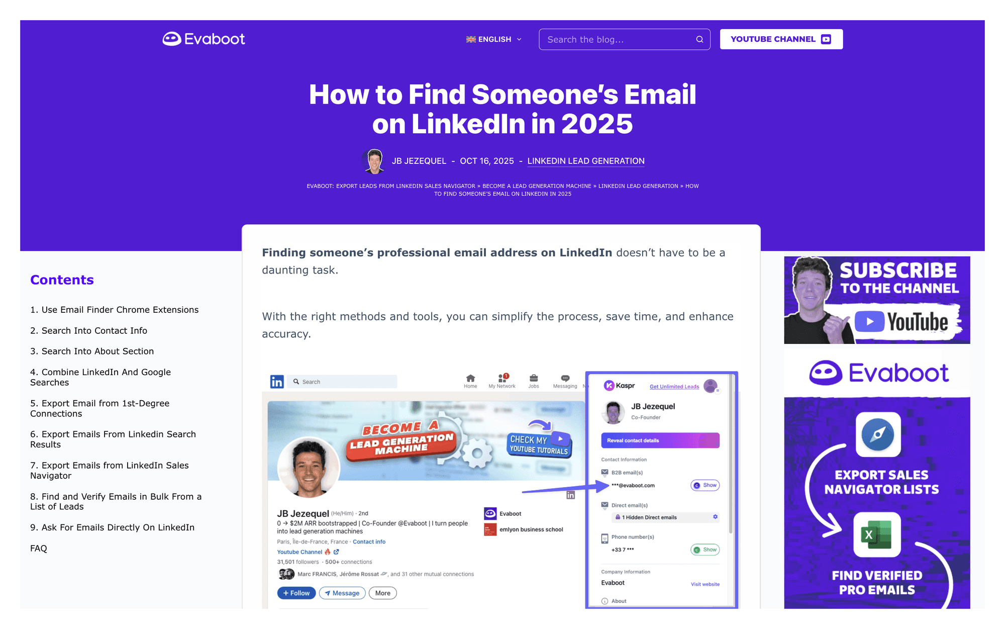 Evaboot blog post on finding LinkedIn emails, with the Kaspr email finder panel highlighted