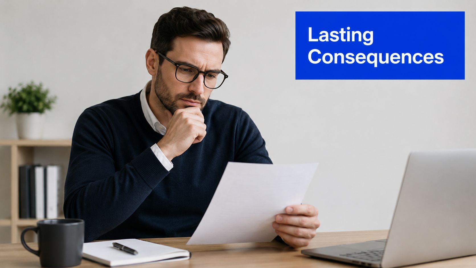 A focused man in a sweater sitting at his desk, contemplating a document with concern.