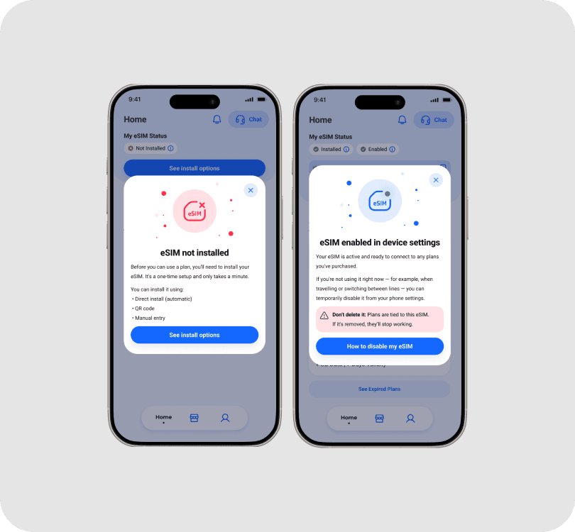 HERO app error and guidance screens for eSIM installation and device settings.