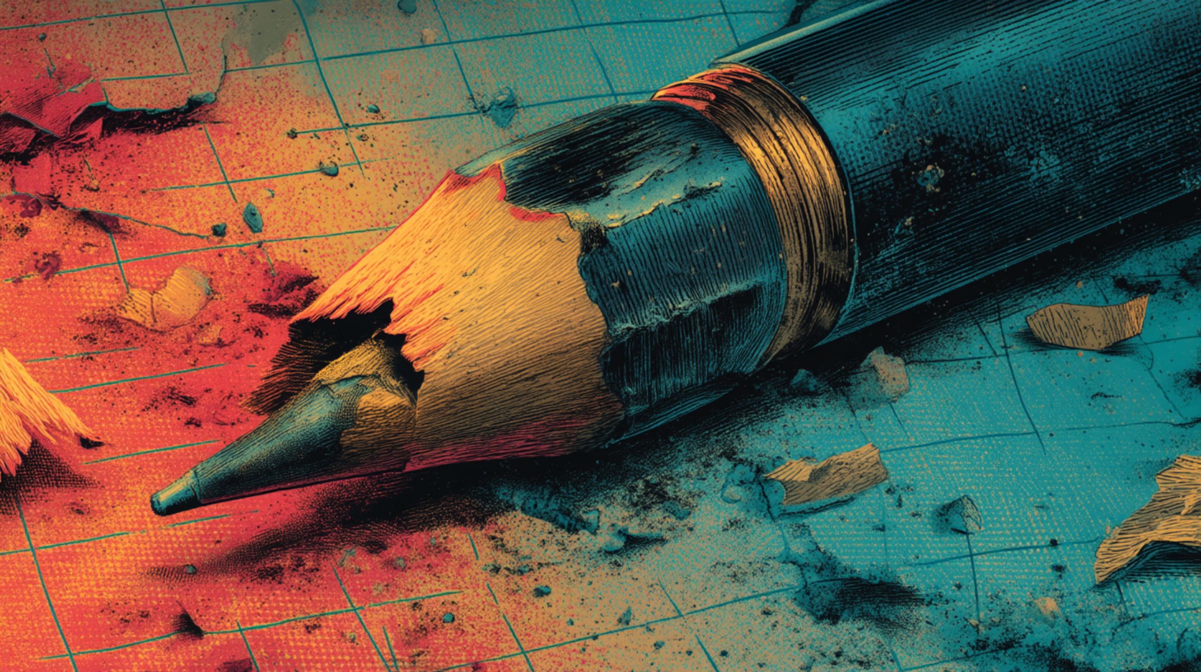 A sharpened pencil lies broken across the grid — structure cracked open, emotion bleeding through.