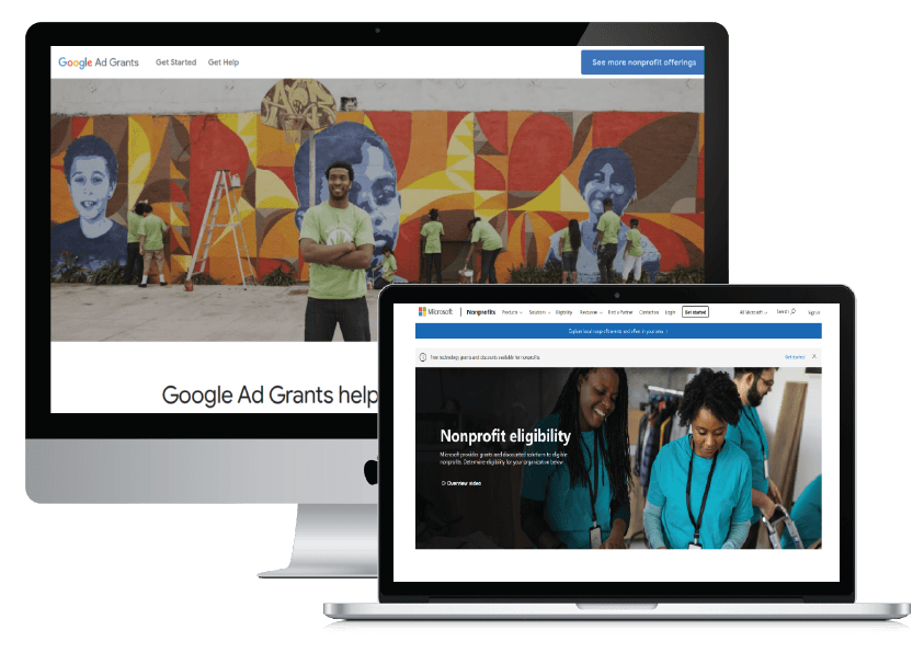 Goolge Ad Grants and Microsoft Ads for Social Impact Webpages Opened on a Desktop and a Laptop