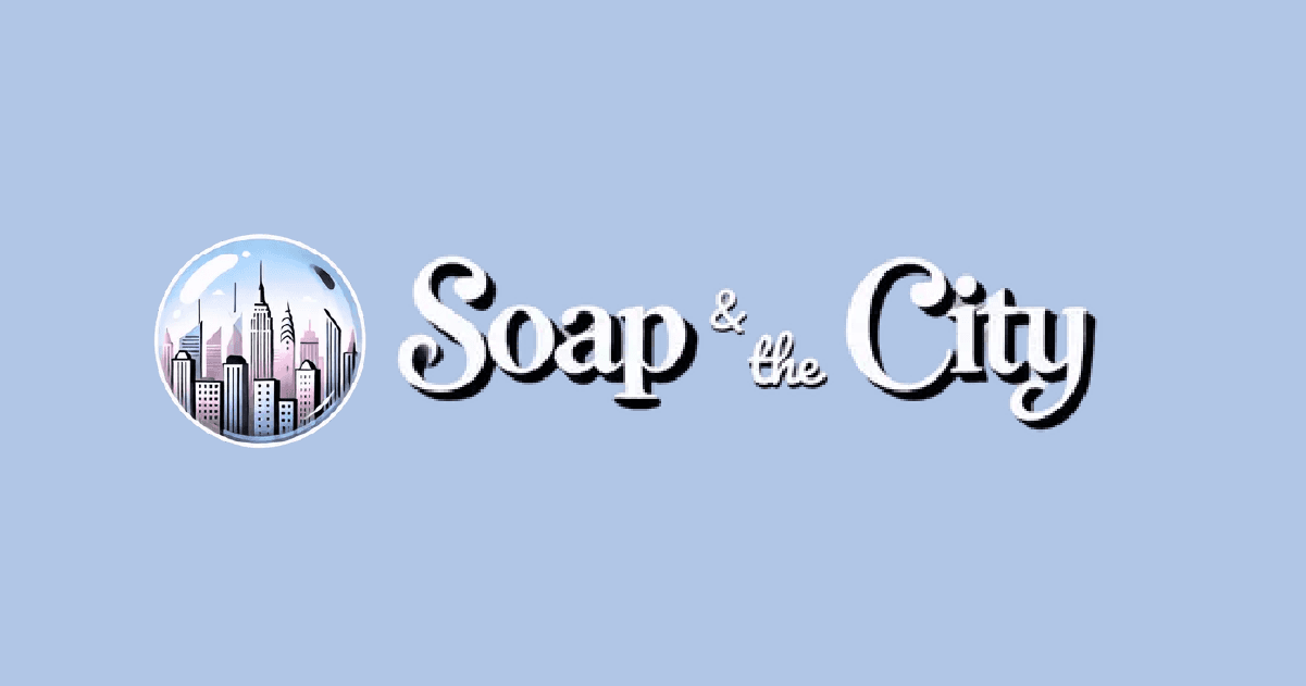 Soap and the City logo featuring New York City skyline inside a soap bubble on a light blue background, representing the brand’s identity for laundry services in Brooklyn and Queens.