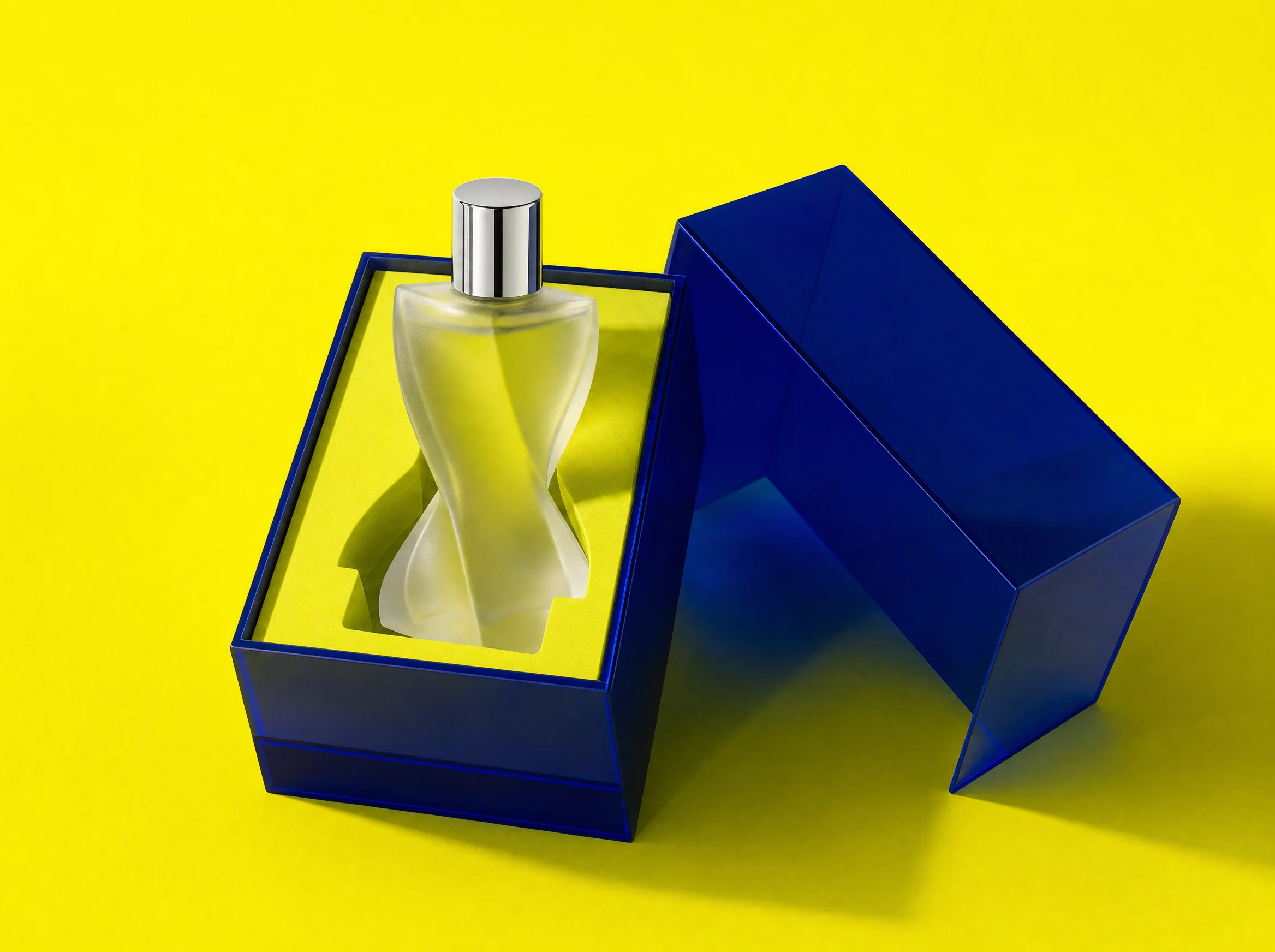 Twisted glass perfume bottle standing in its open cobalt box with a lime insert