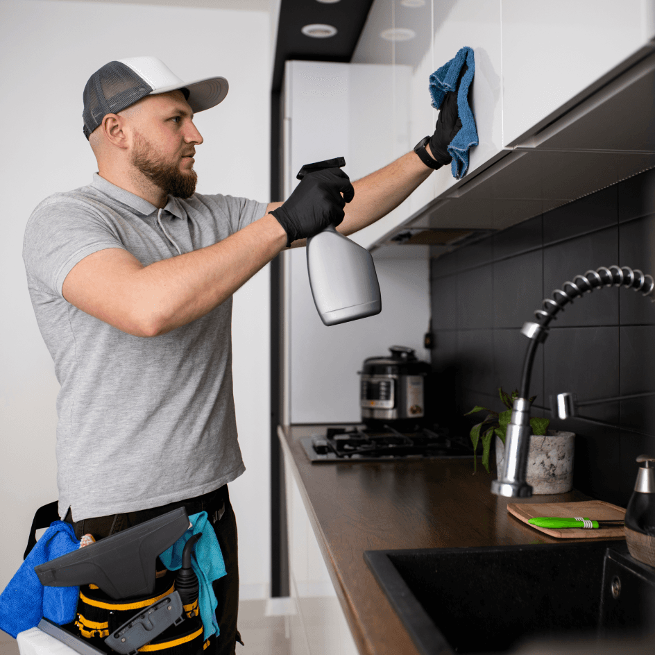 Man cleaning kitchen cabinets with spray bottle and cloth, wearing gloves and a cap.