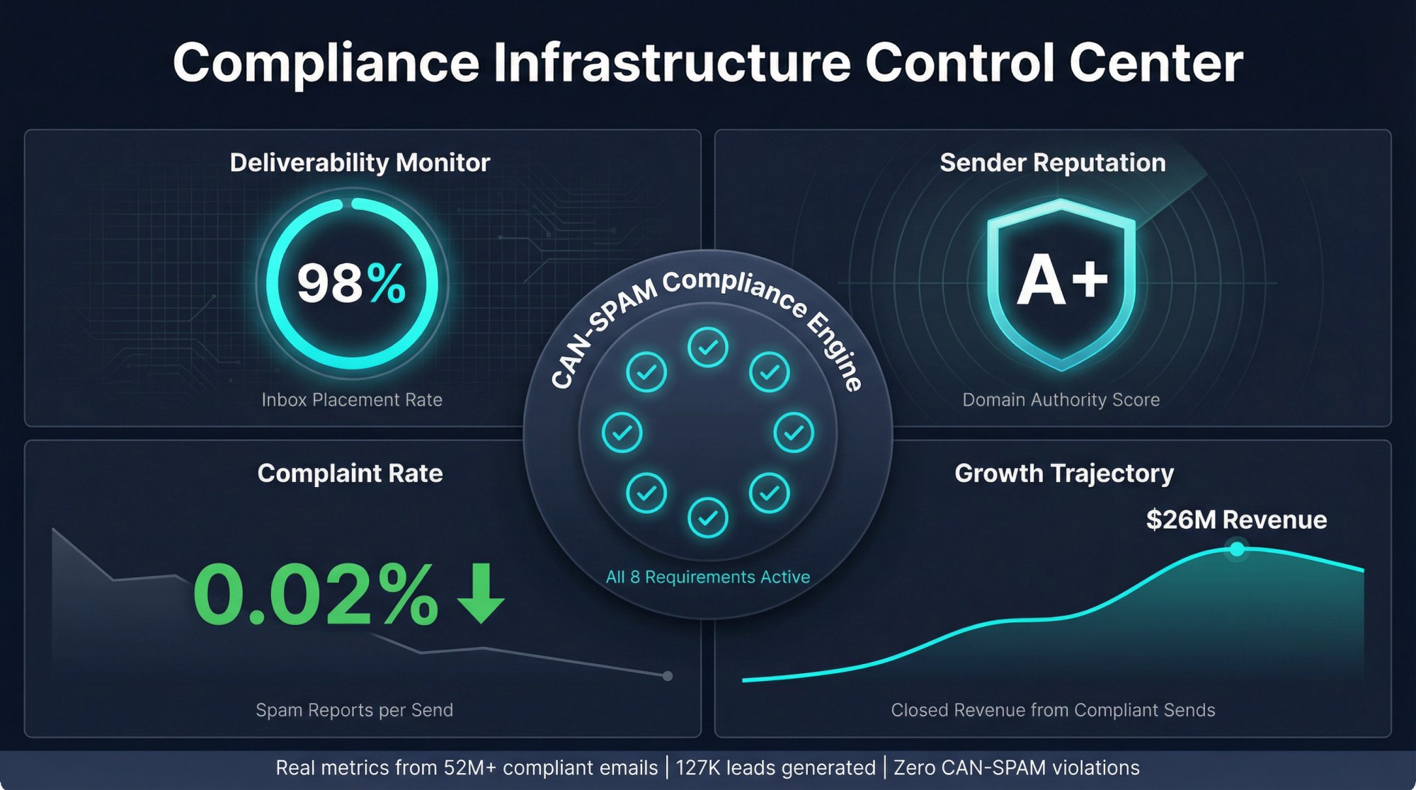 Email compliance infrastructure control center dashboard showing competitive advantages of CAN-SPAM adherence