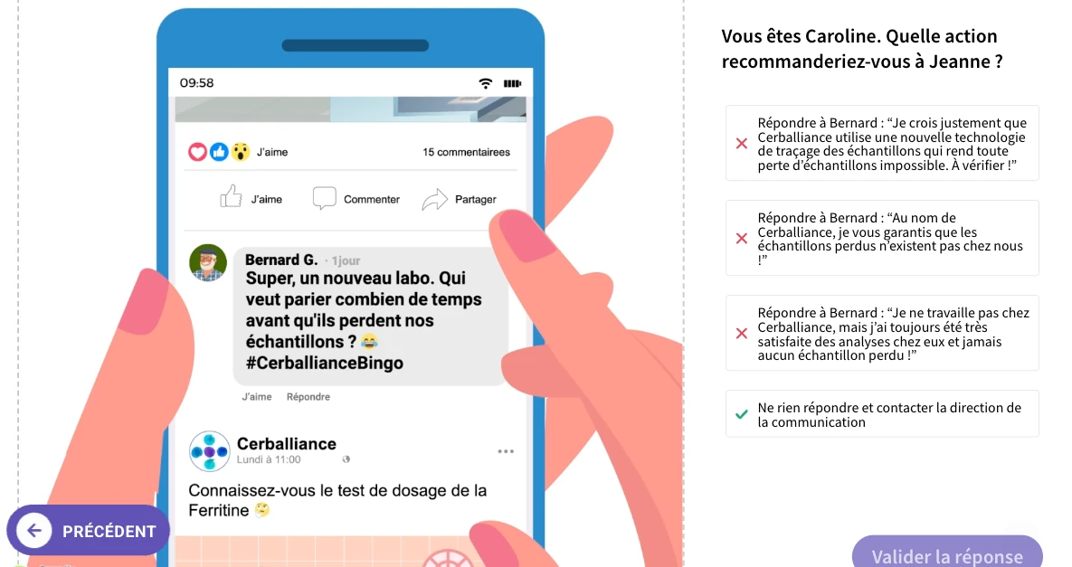 Un quiz demande de choisir la réponse adaptée à un commentaire sur les réseaux sociaux.