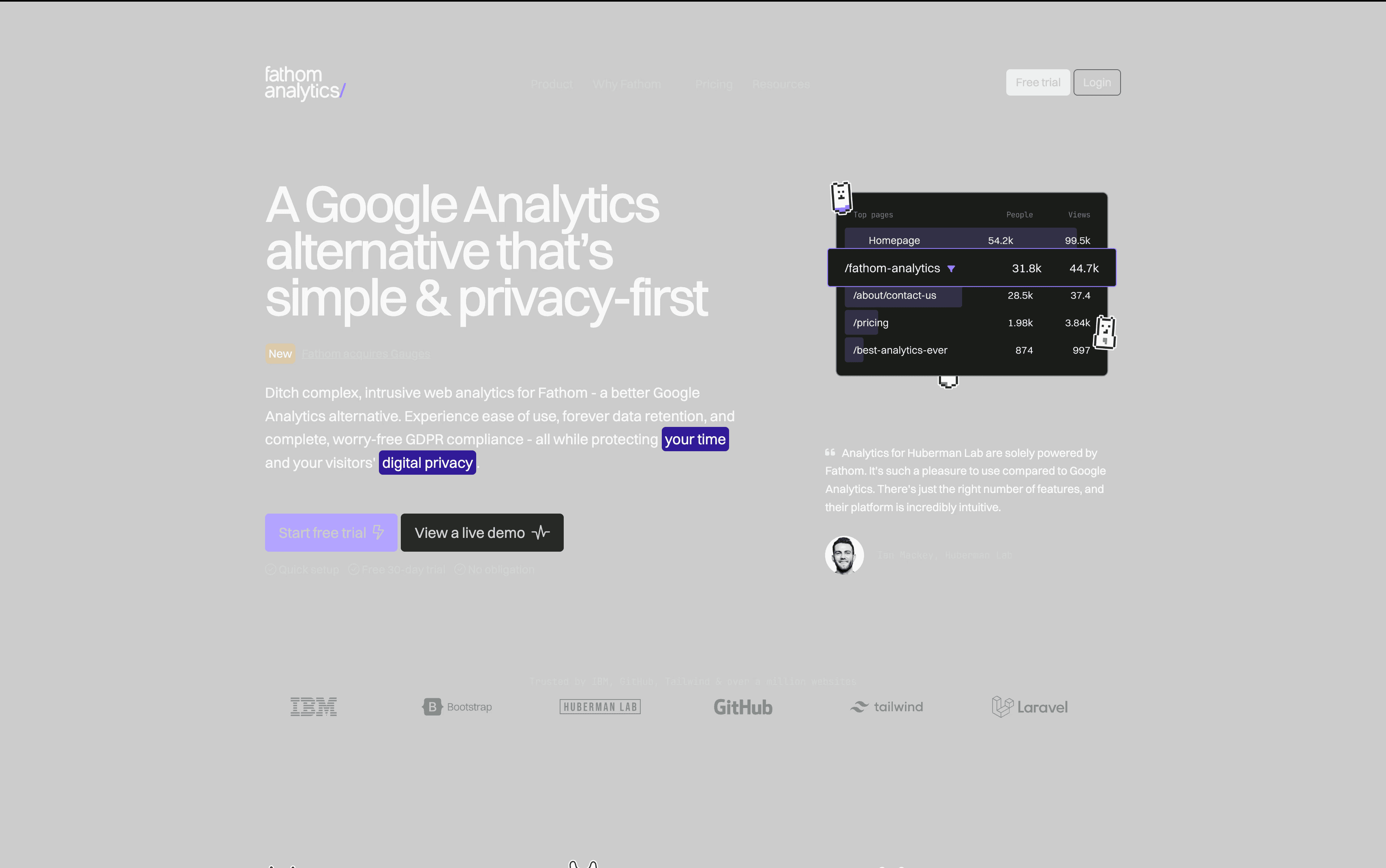Fathom Analytics homepage simple privacy-first analytics dashboard