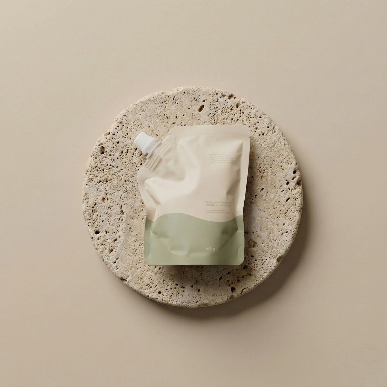 Minimalist pouch with a green wave design sits on a textured, round, beige stone against a matching background, conveying a natural, eco-friendly feel.