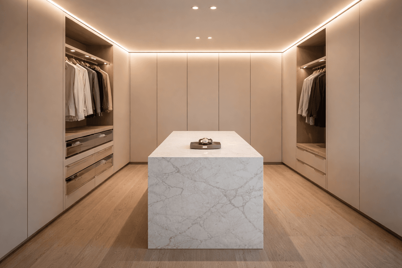 sleek, handle-less minimalist wardrobe design in a light oak finish, embodying the quiet luxury asthetic.