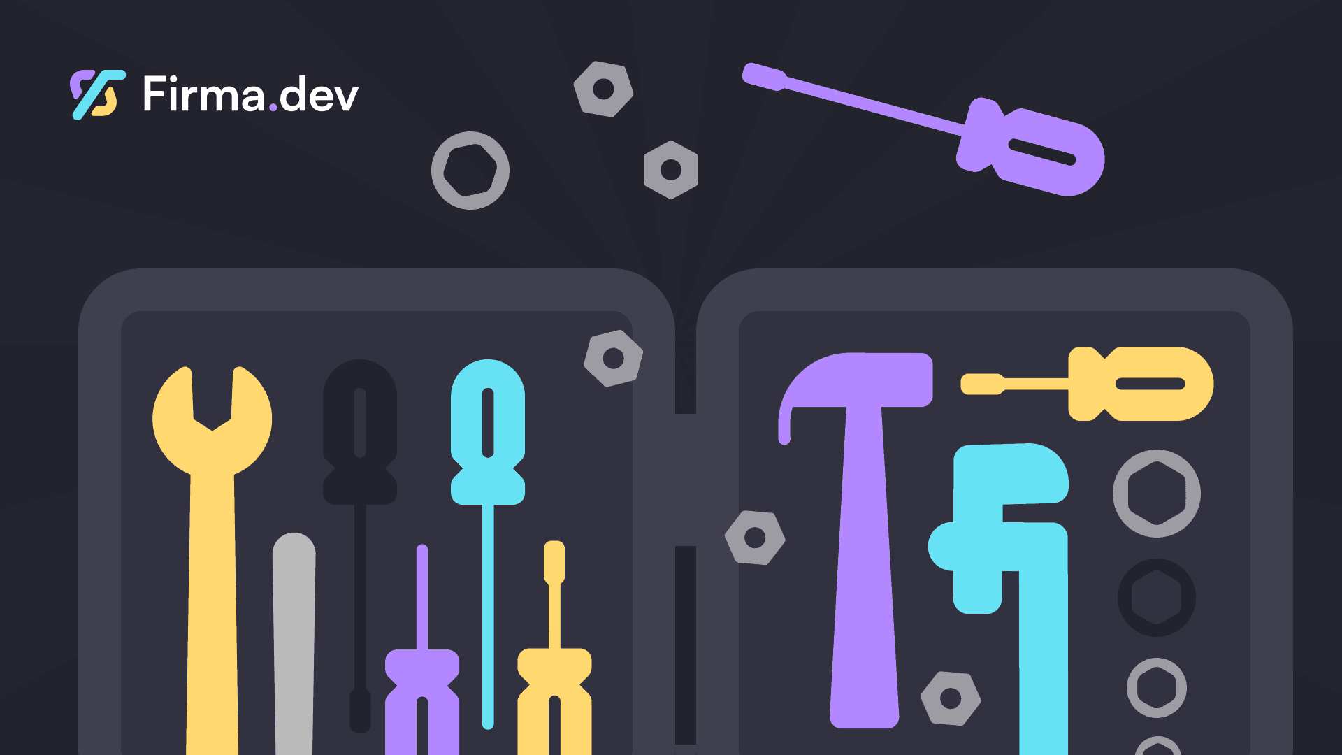 Ilustración de una caja de herramientas abierta con herramientas coloridas, incluyendo llaves, destornilladores y un martillo. Las tuercas flotantes añaden un tono juguetón. Logo "Firma.dev" en la parte superior izquierda.