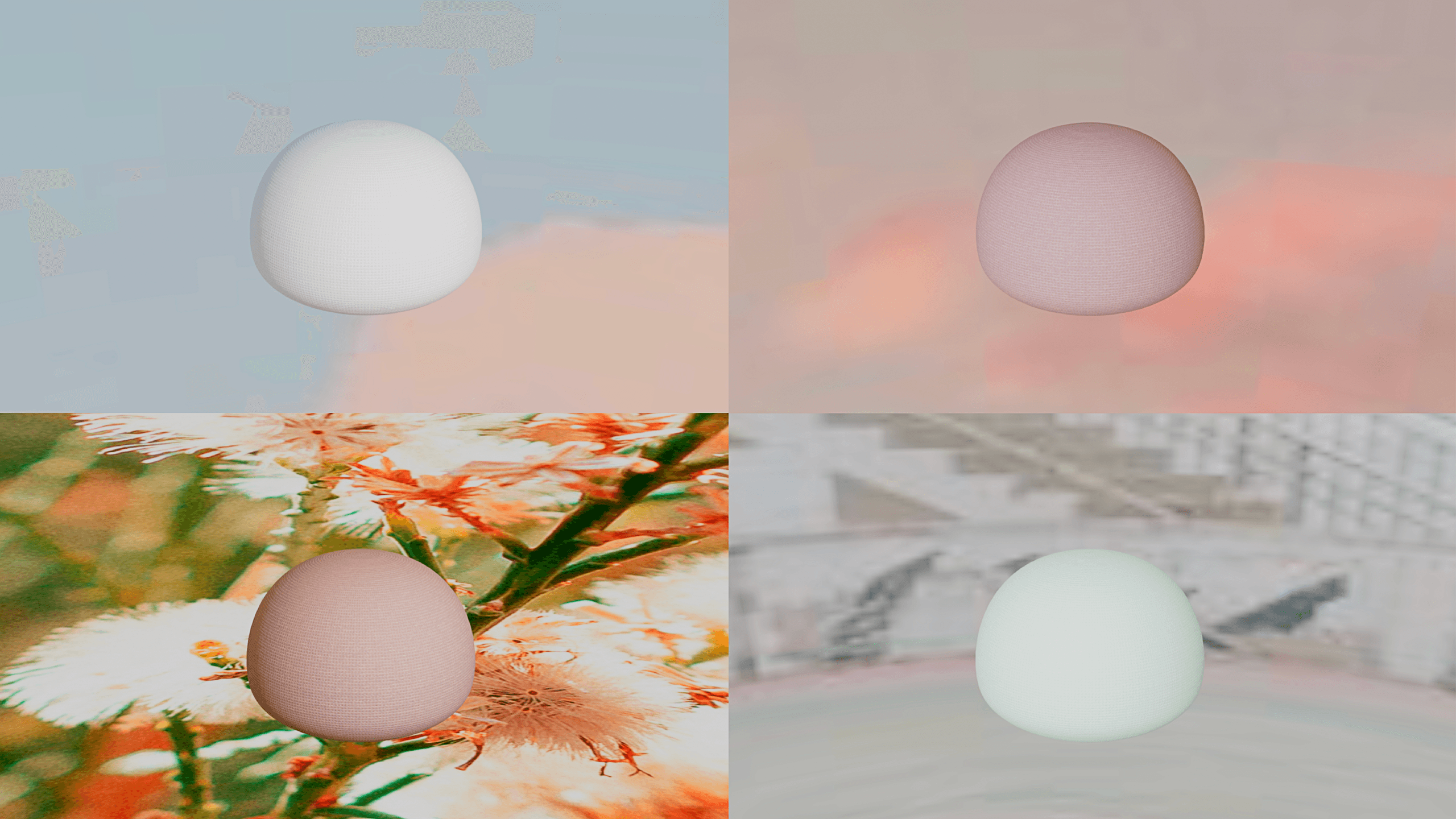 Four eggs are arranged in a 2x2 grid. The top left egg is white, the top right egg is pink, the bottom left egg is light pink, and the bottom right egg is light blue. Each egg is centered in its respective quadrant.