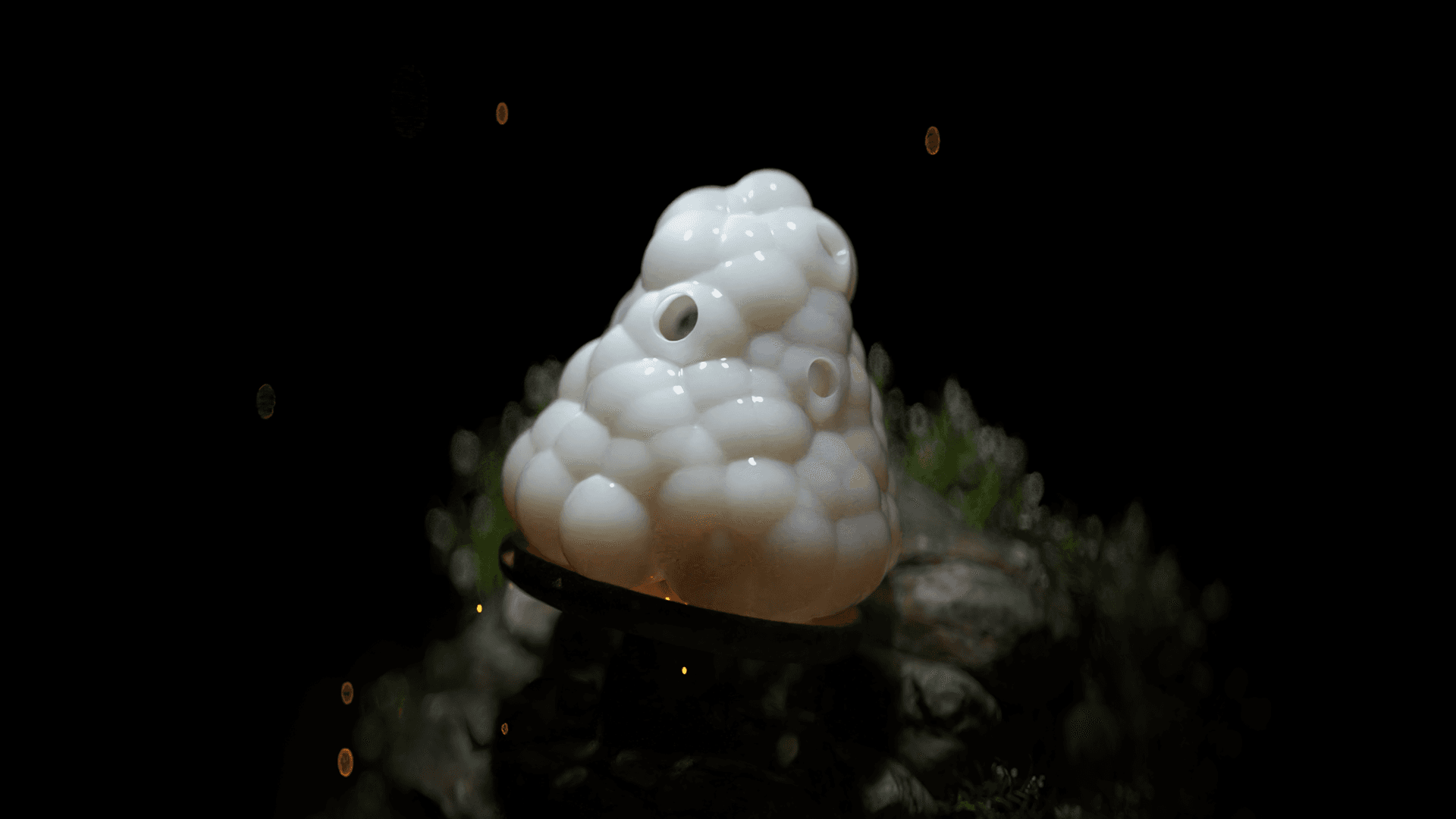 3D rendered white organic bubble form sculpture with hollow openings resting on dark moss and foliage against a black background
