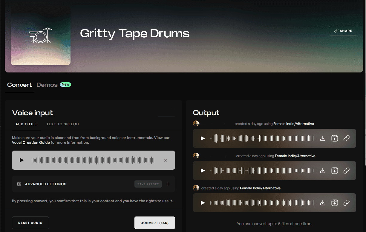 Kits AI Convert page with the Gritty Tape Drums instrument model selected