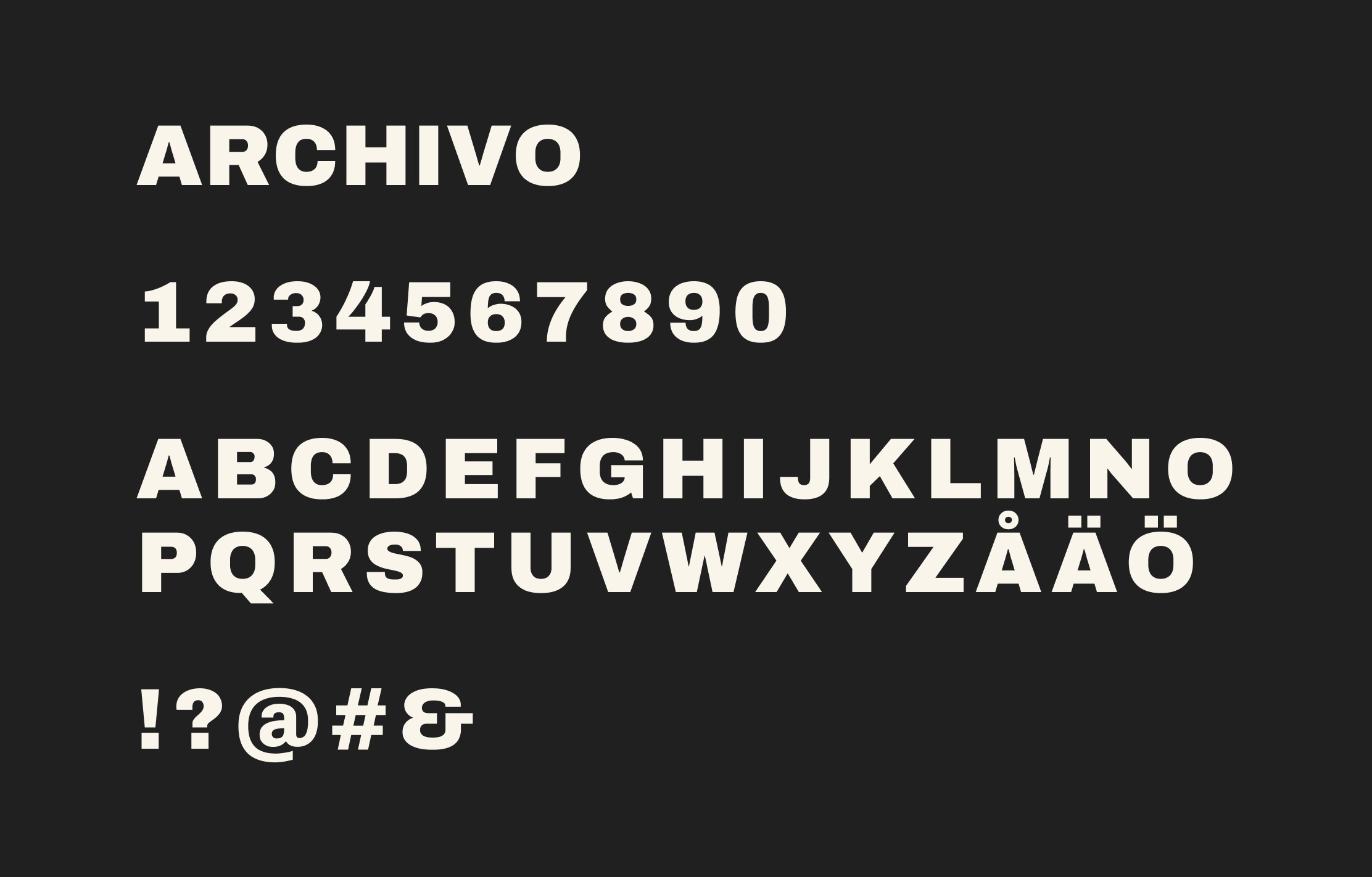 White text on black background. Examples of different letters and numbers of the Archivo typeface.