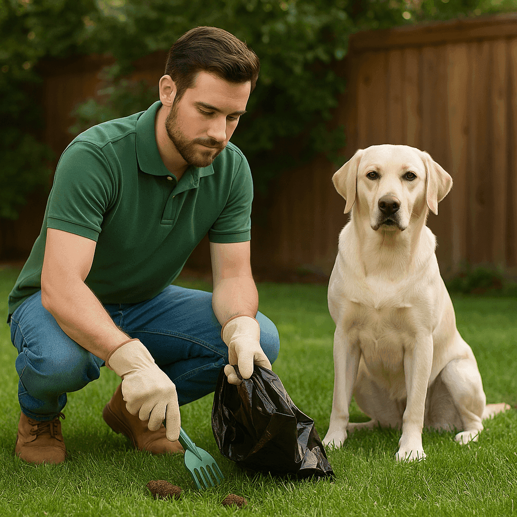 Pet waste removal worker cleaning a Nashville backyard with a golden retriever watching, soft natural lighting