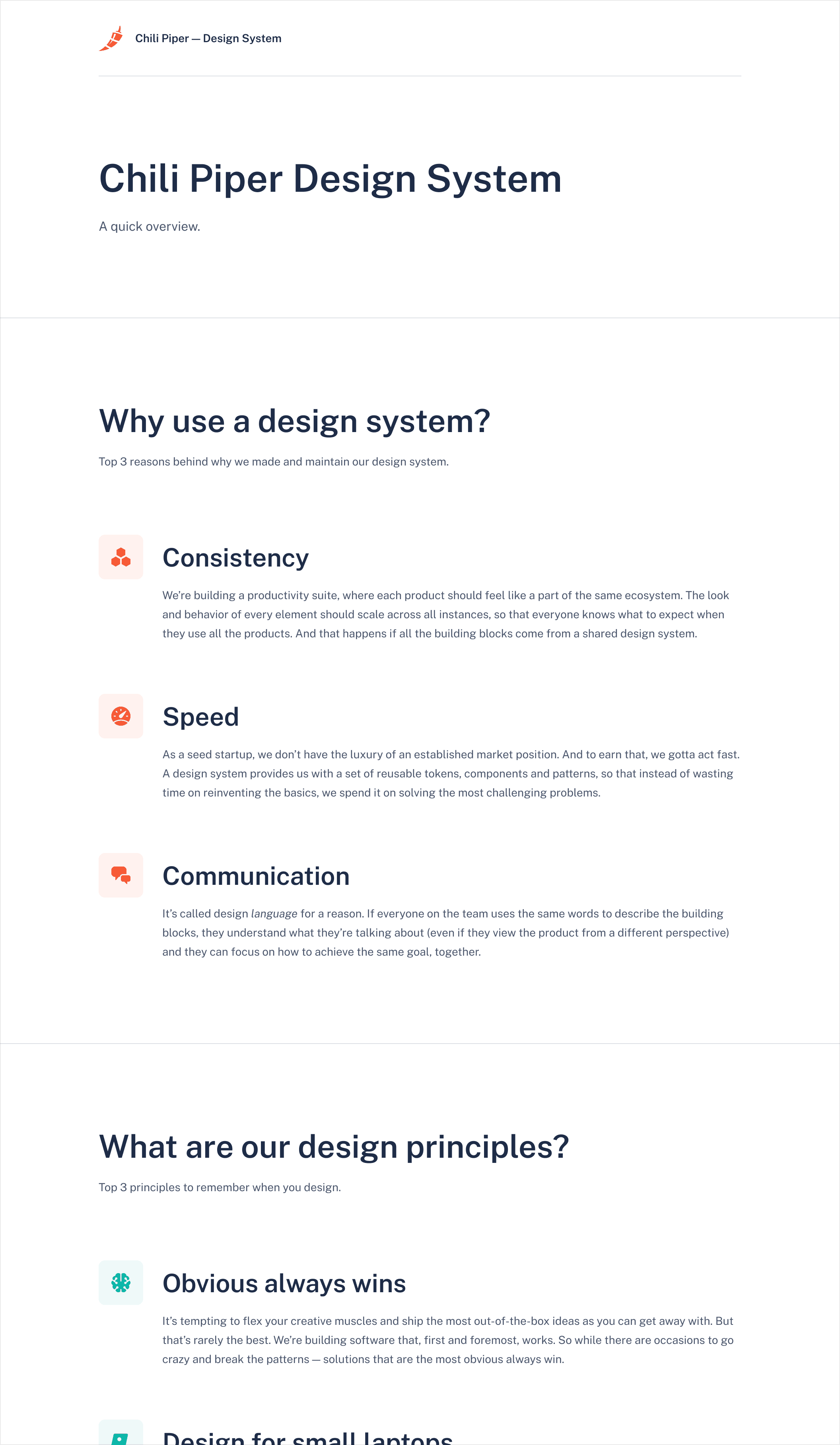 A page from the design system documentation. It contains information about “Why use a design system?” and “What are our design principles?”.