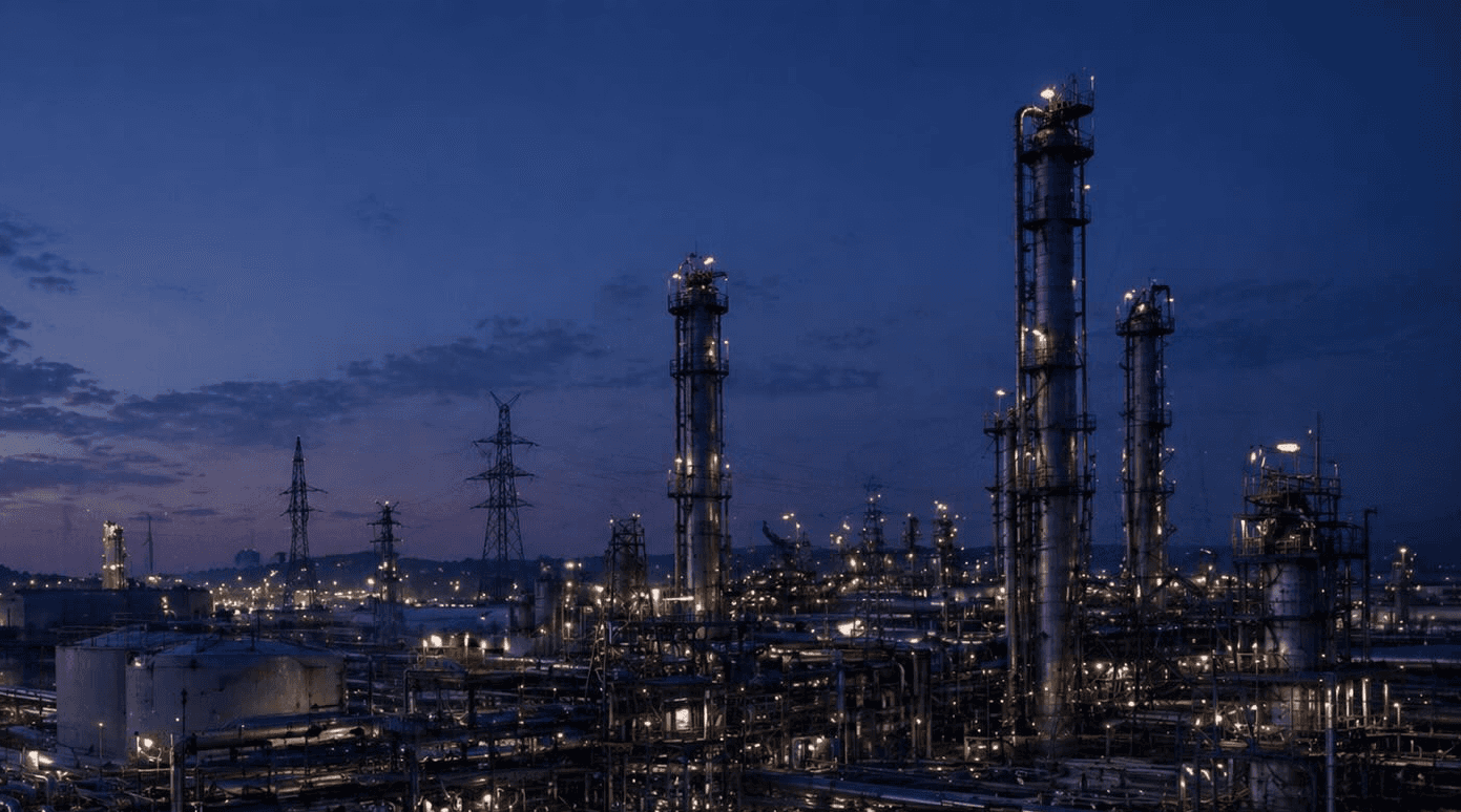 Vue au crépuscule d’une installation industrielle avec colonnes, cuves, tuyauteries et éclairages techniques.