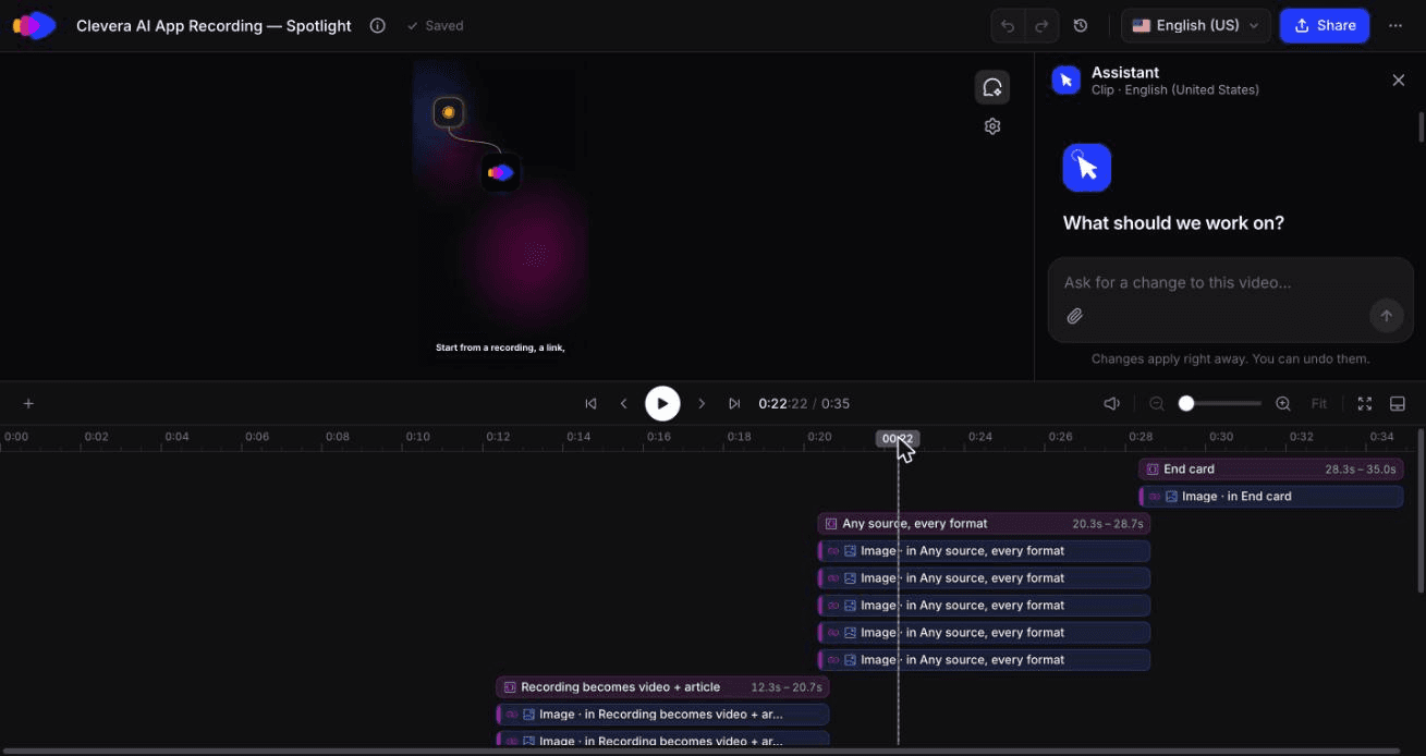 A vertical feature spotlight in Clevera's clip editor with the Assistant prompt box open