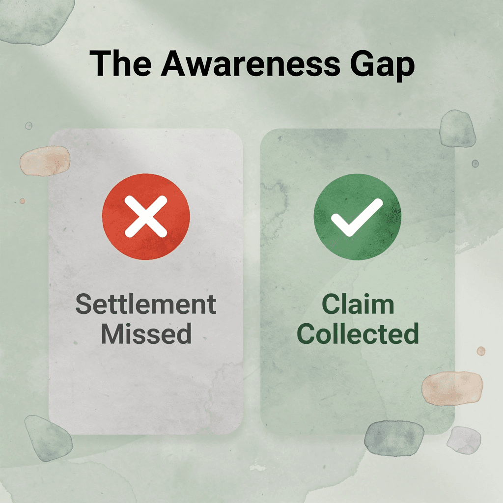  Before and after infographic showing missing a settlement vs collecting a claim