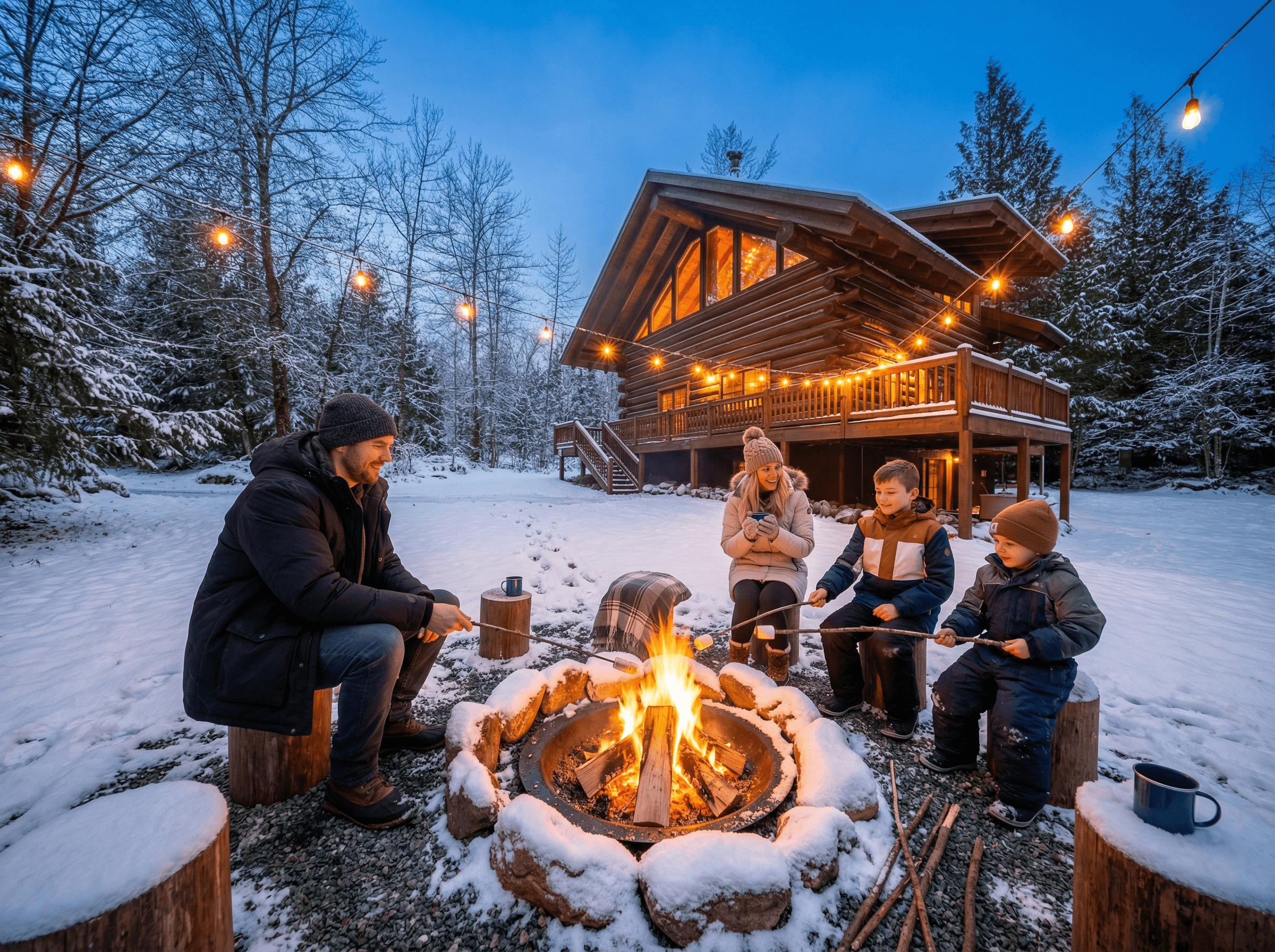 family airbnb trip firepitt log cabin