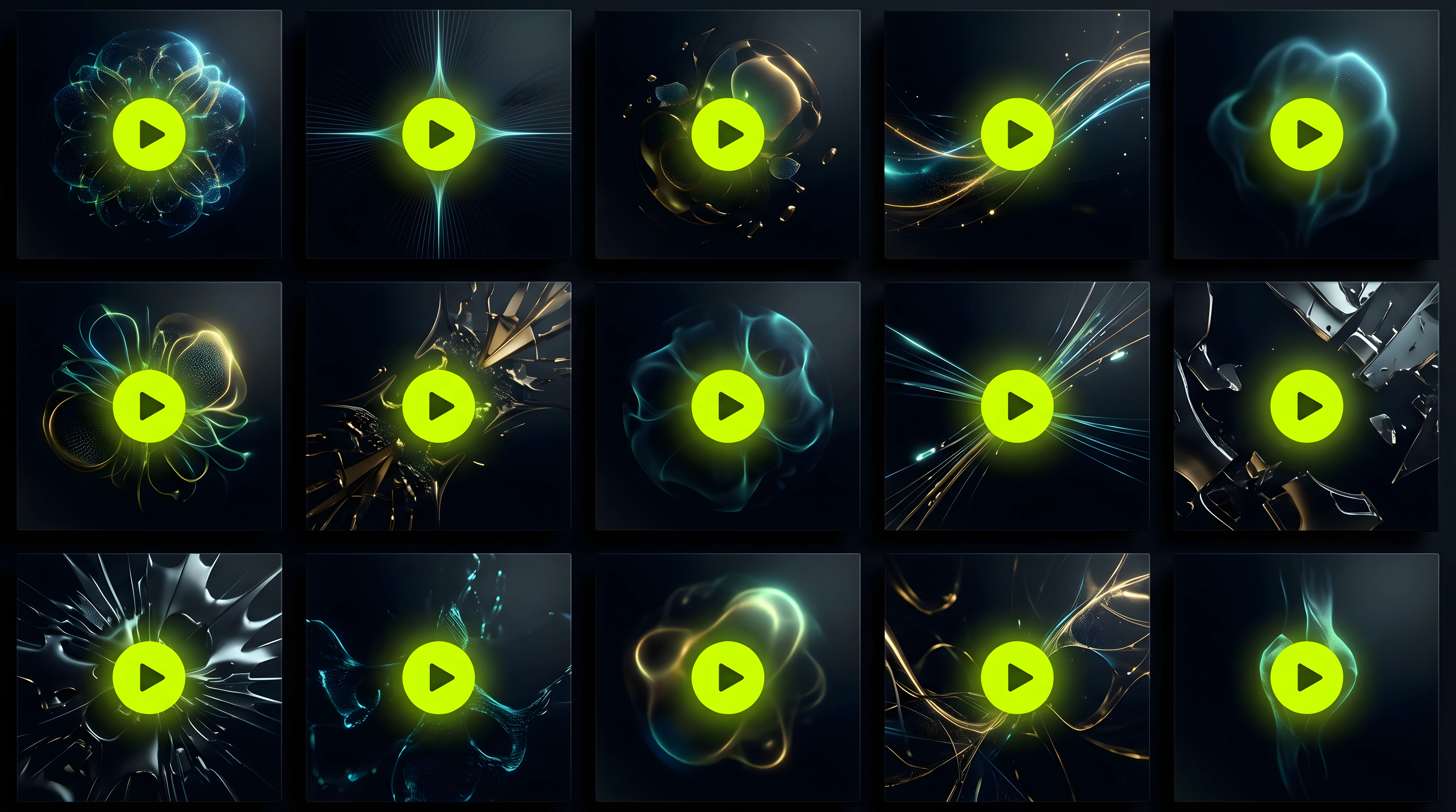 Beat catalog grid with twelve cover art tiles, each with a single toxic lime play button, dense bioluminescent organism cluster aesthetic