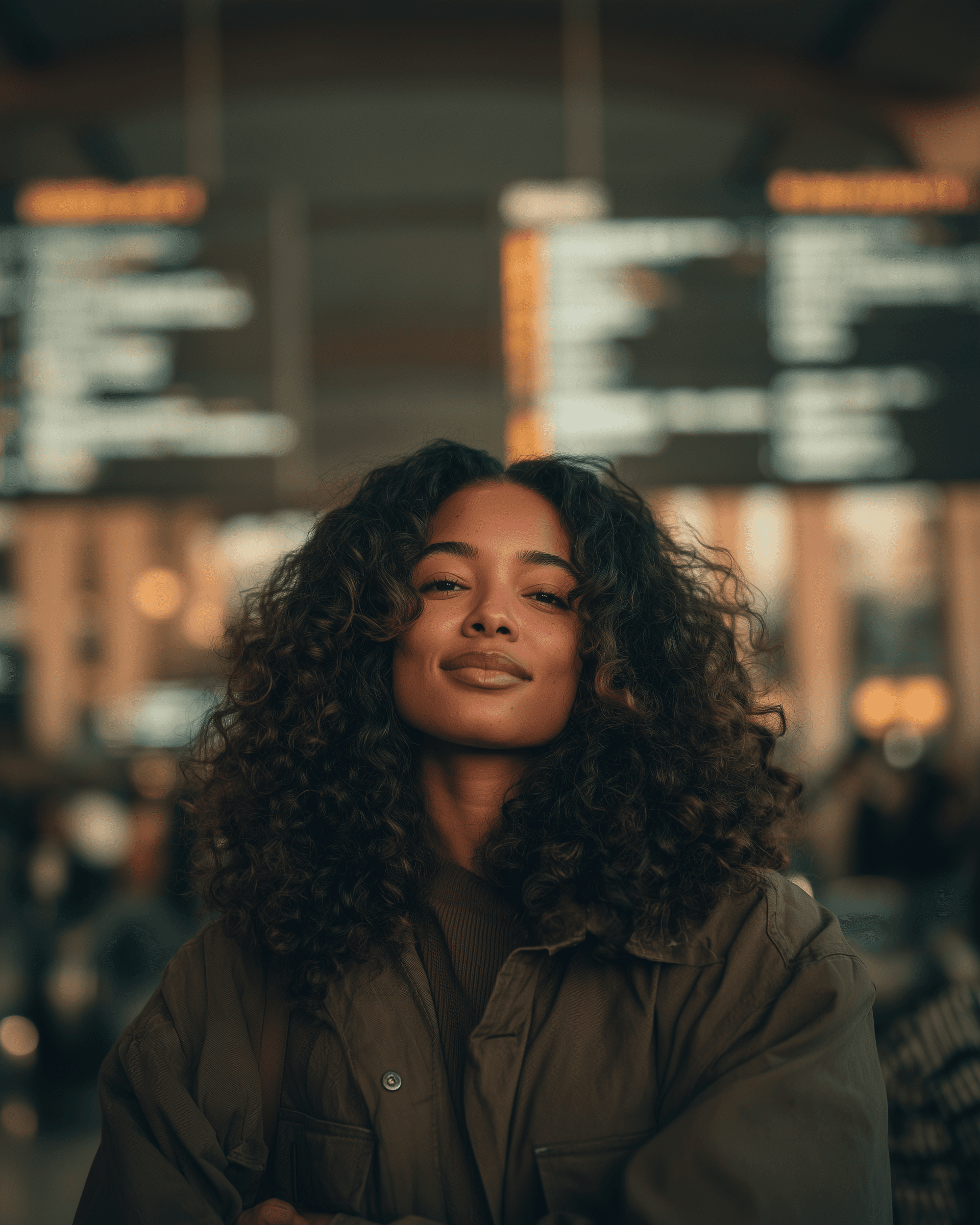 Smiling woman with closed eyes in a busy train station