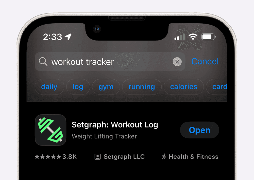 A person in a gym setting holding a smartphone, actively using the Setgraph app.