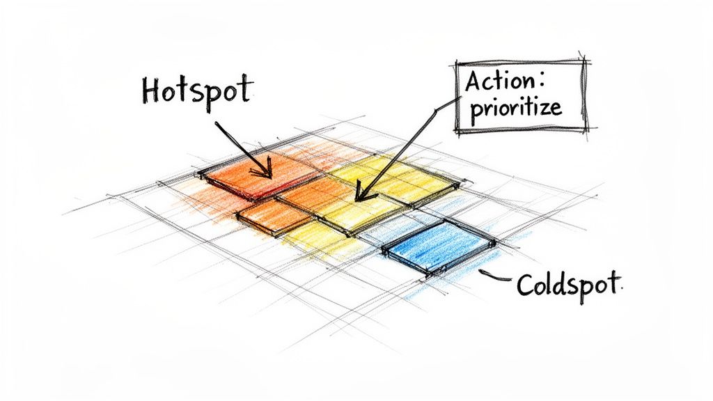 Hand-drawn sketch showing a grid with colored squares, illustrating 'Hotspot' for prioritization and 'Coldspot'.