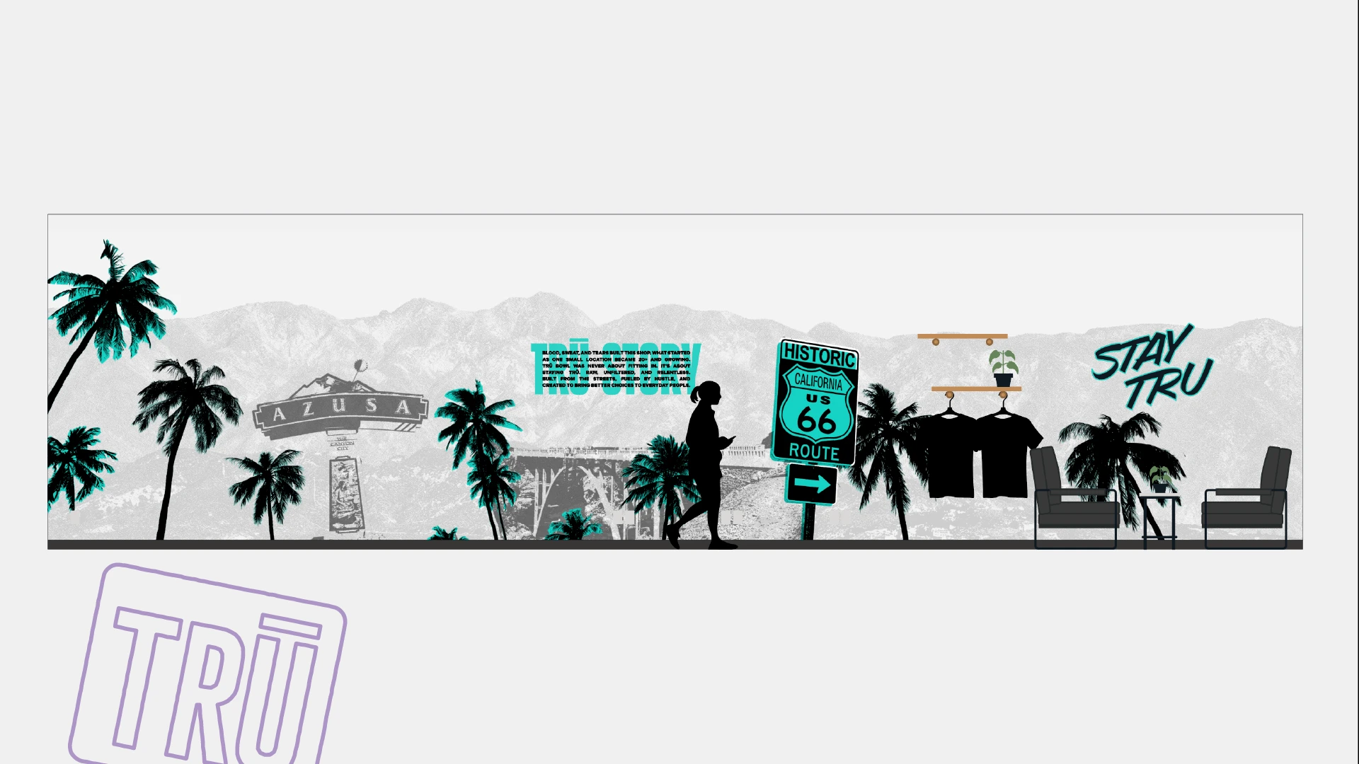 Interior design for TRU Bowl showing a grungy wall graphic with palm trees and mountains and the words 'STAY TRU'