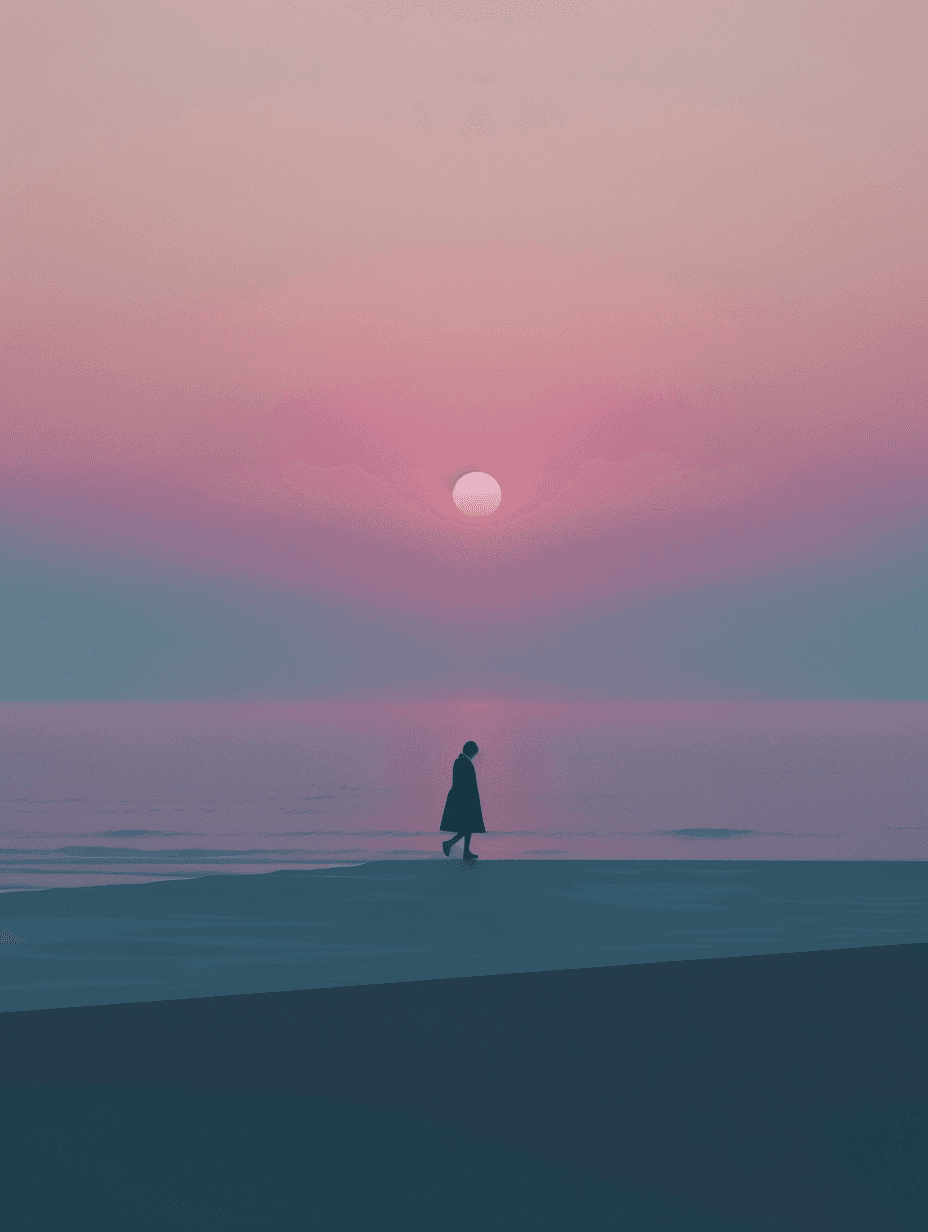 a lone figure walking on a peaceful beach at sunset