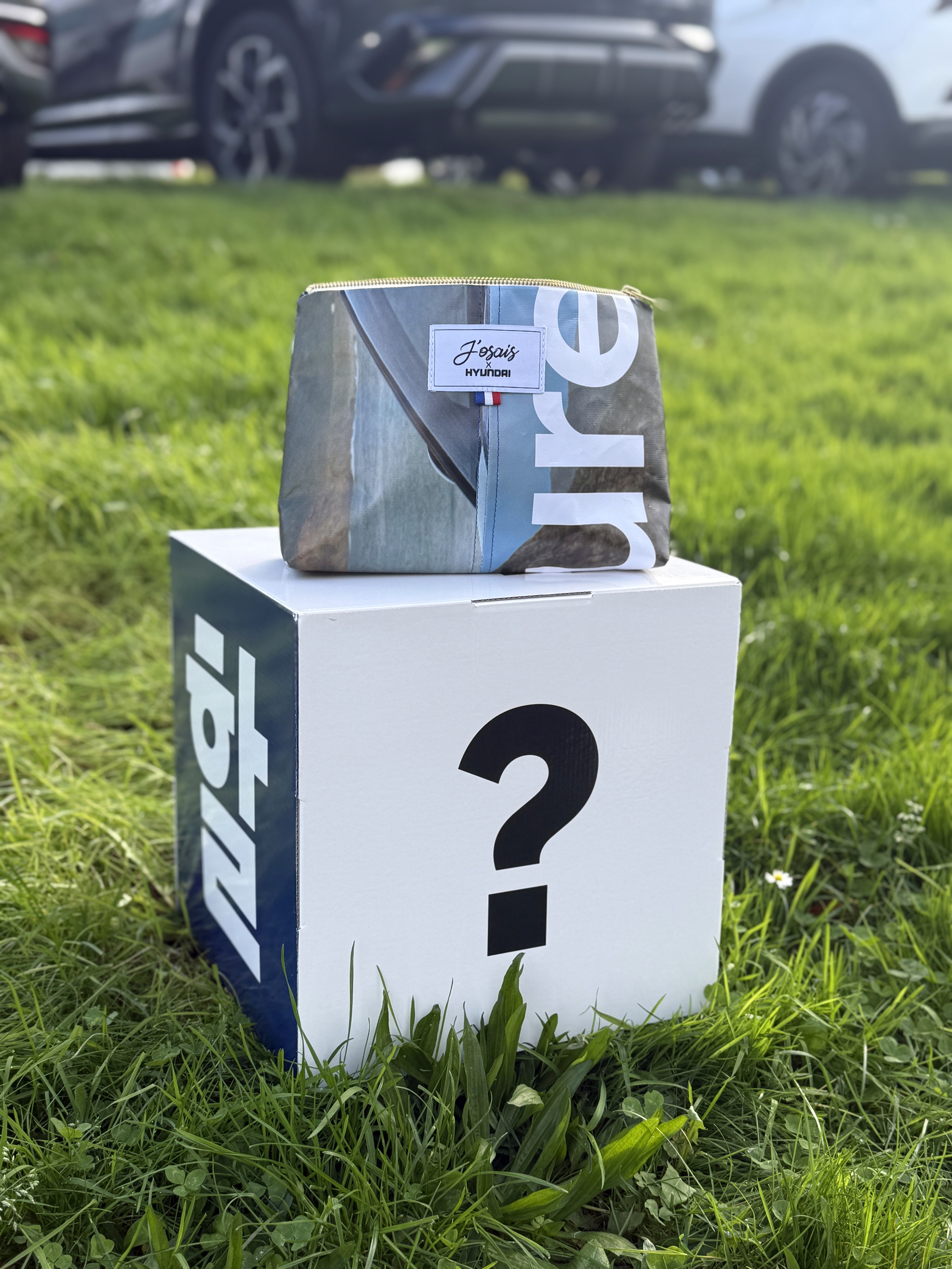 A colorful '?' box sits on a grassy field, topped with a small container, surrounded by parked cars in the background.