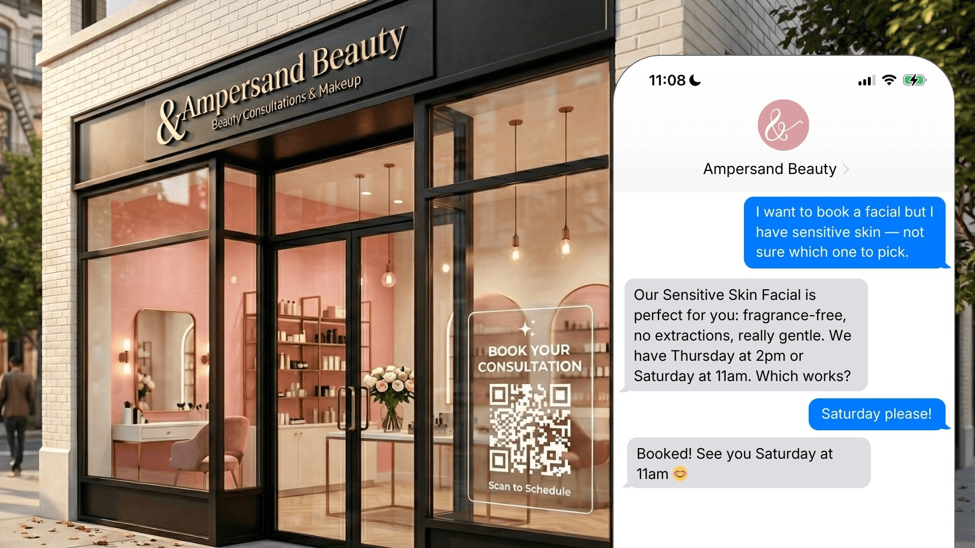 Exterior of Ampersand Beauty salon (Beauty Consultations & Makeup) with a pink interior visible through glass doors, alongside a mockup of a customer SMS conversation booking a Sensitive Skin Facial for Saturday at 11am.