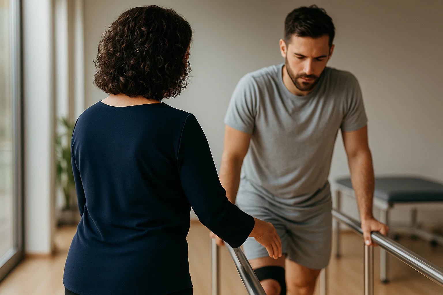 man walking on frame being supervised by doctor