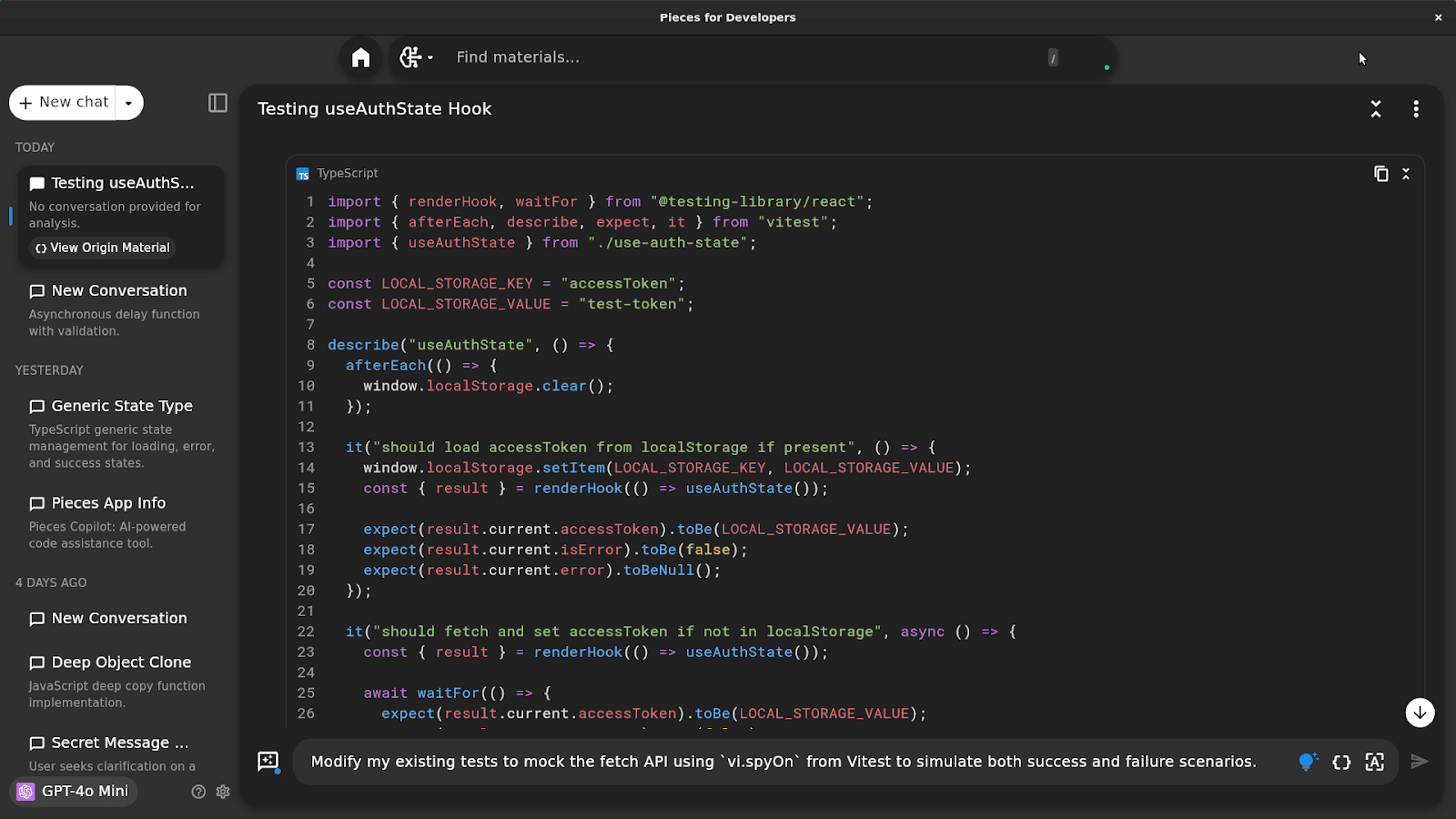 Pieces for Developers Desktop App interface showing a chat history and code modifications to mock the fetch API in test cases