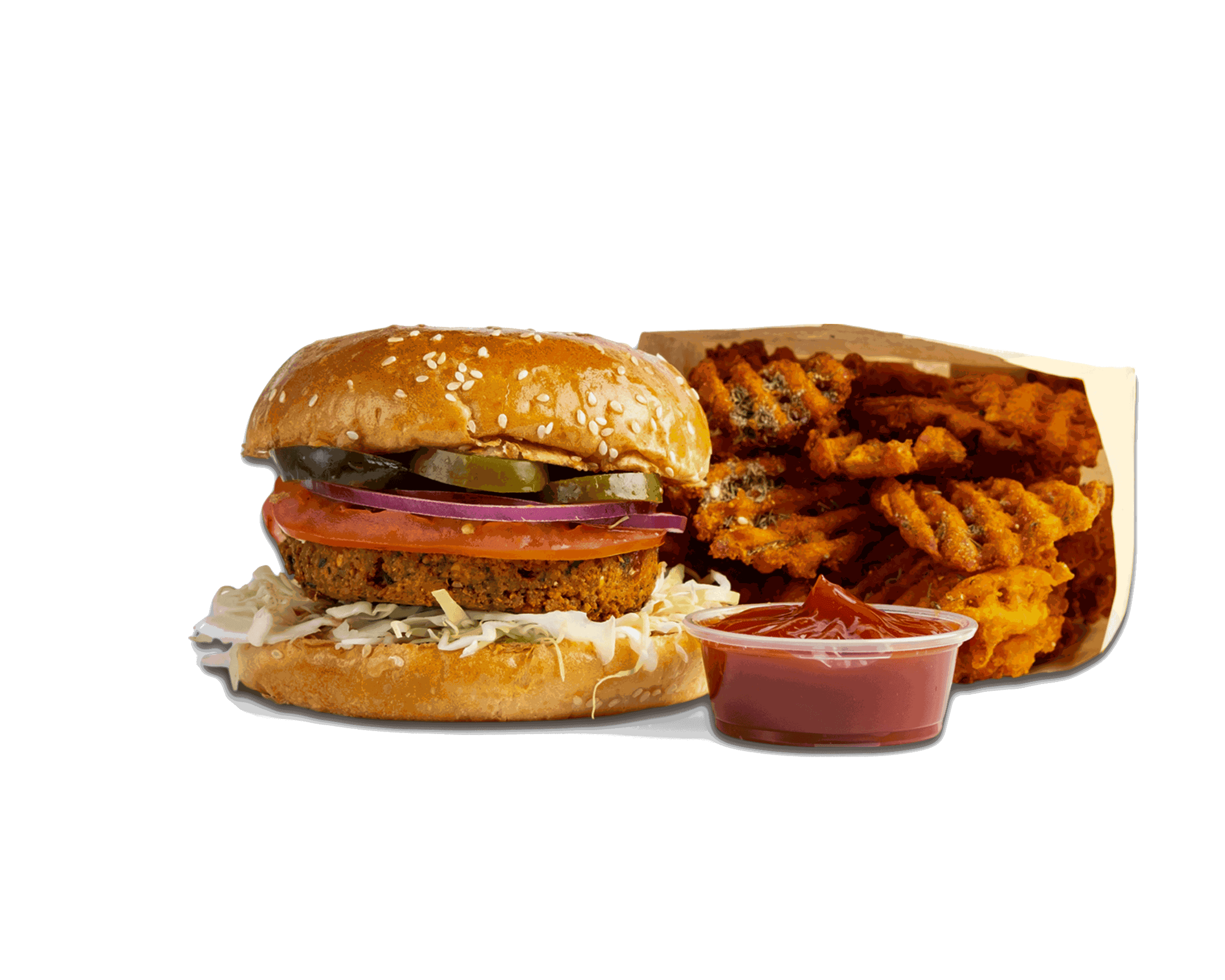 Crispy falafel patty, sliced tomatoes, onions, white cabbage, cherry peppers, & ketchup. Served with sweet potato fries.
