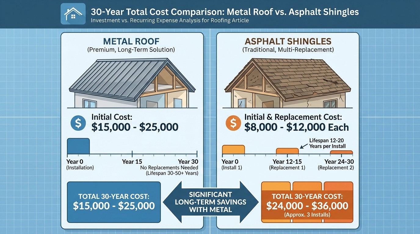 Metal roof vs shingles long-term cost comparison infographic