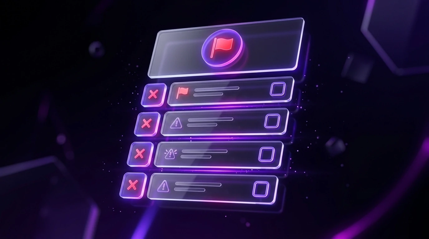 Clean modern 3D glass-style red flag checklist graphic with floating translucent panels and violet-magenta warning accents.