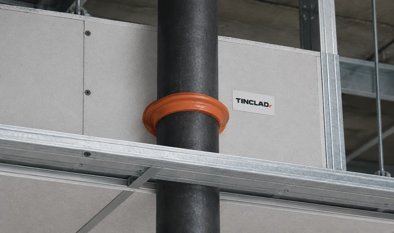 Firestop seal around a pipe penetration.