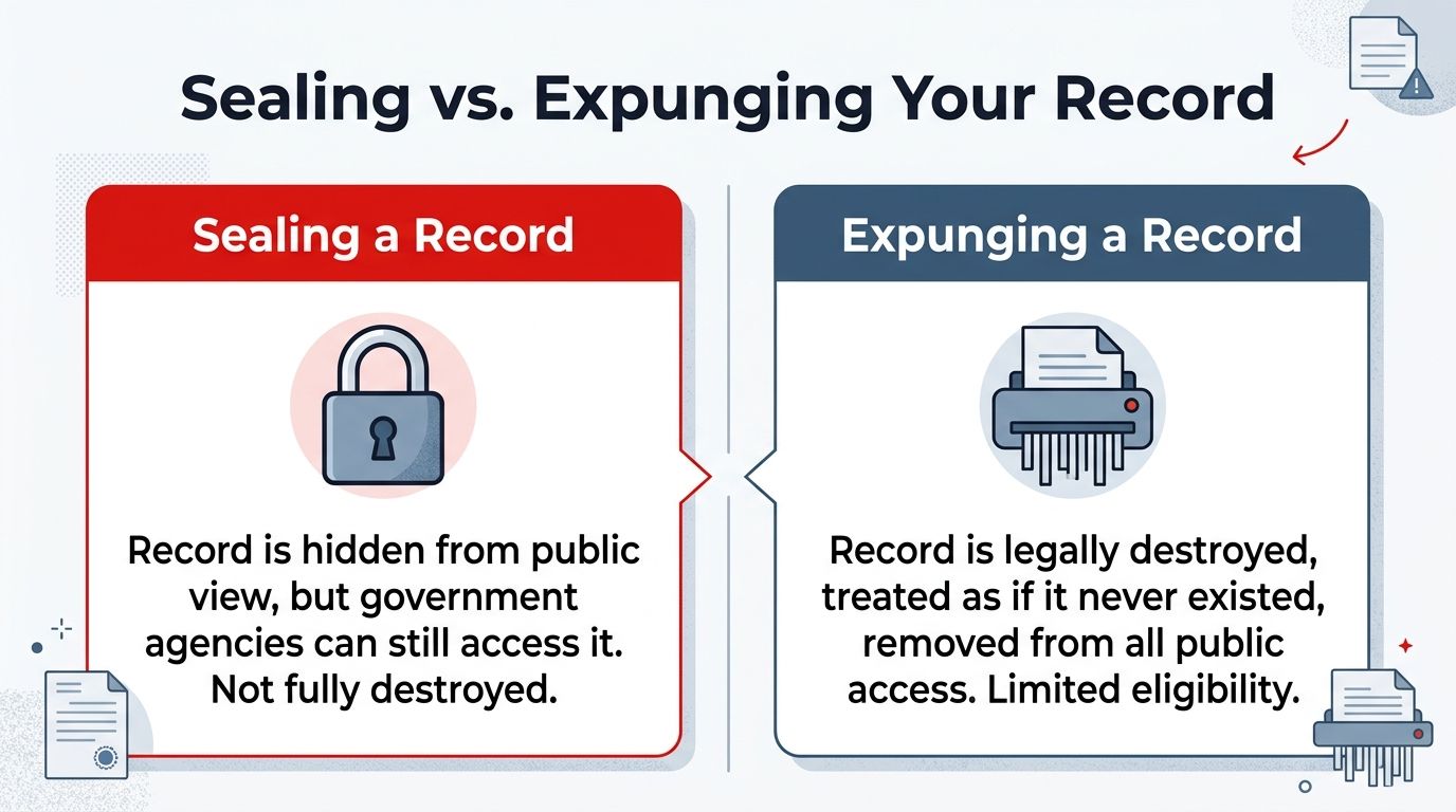 A comparison chart explaining the differences between sealing a criminal record and expunging a criminal record.