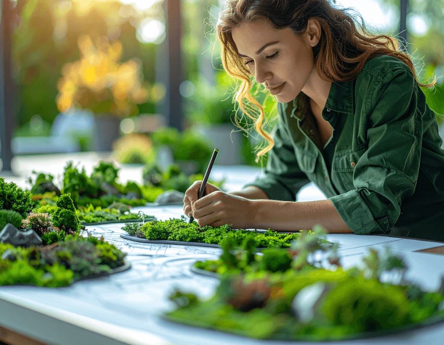 Landscape designer creating a detailed garden plan with miniature plants and design sketches on a bright workspace table.