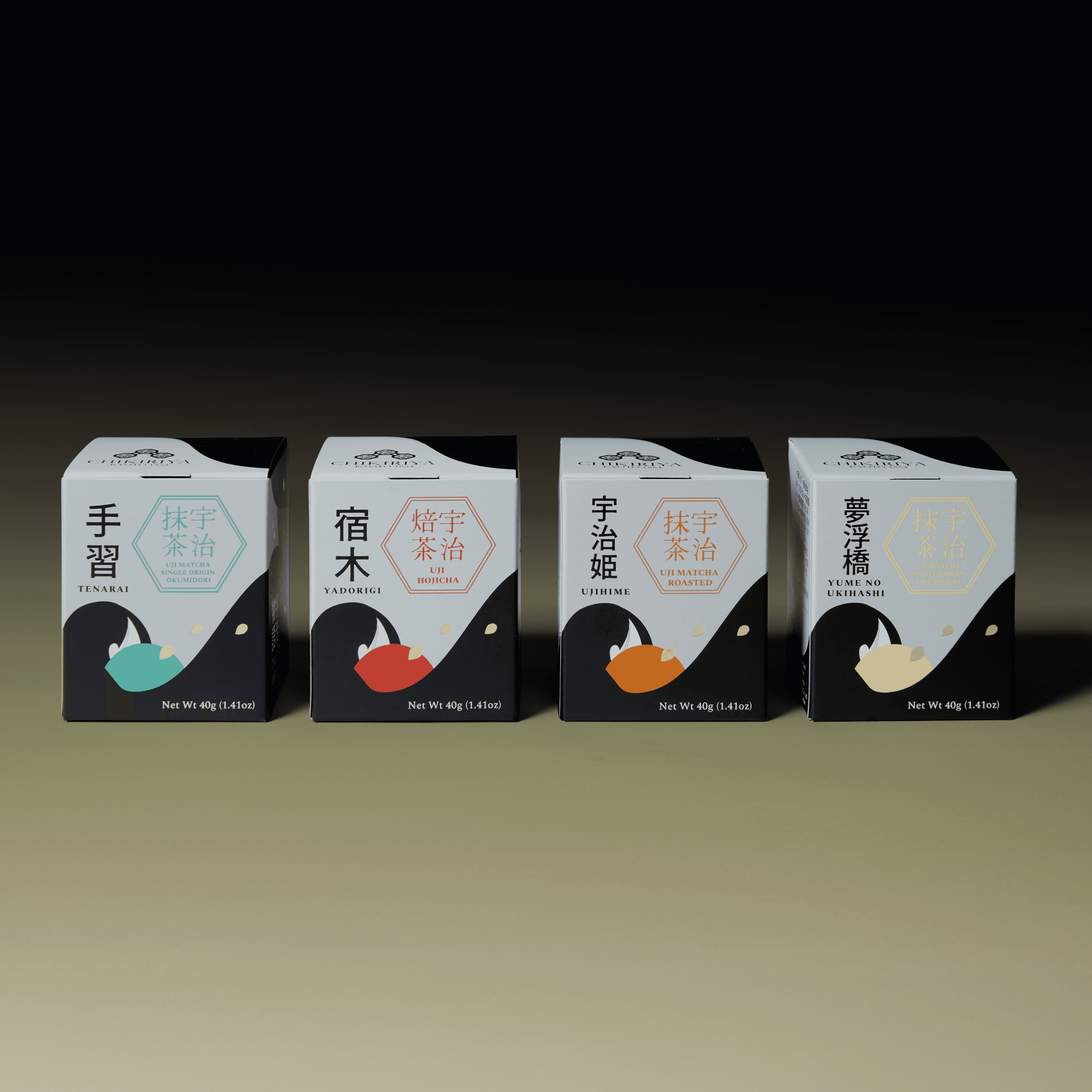 Lineup of four Tales of Uji tea cans with different illustrated labels.