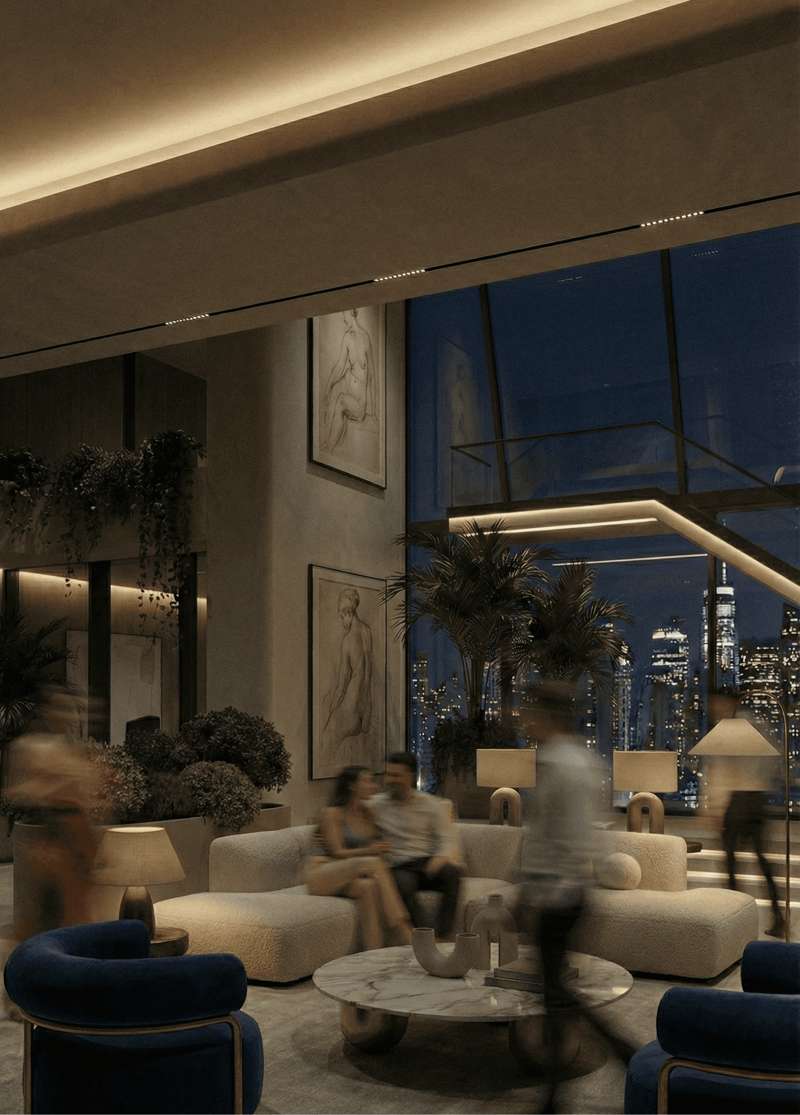 Dimly lit room with sunlight filtering through curtains, casting shadows on a green marble table with a single plate of pasta in the center.