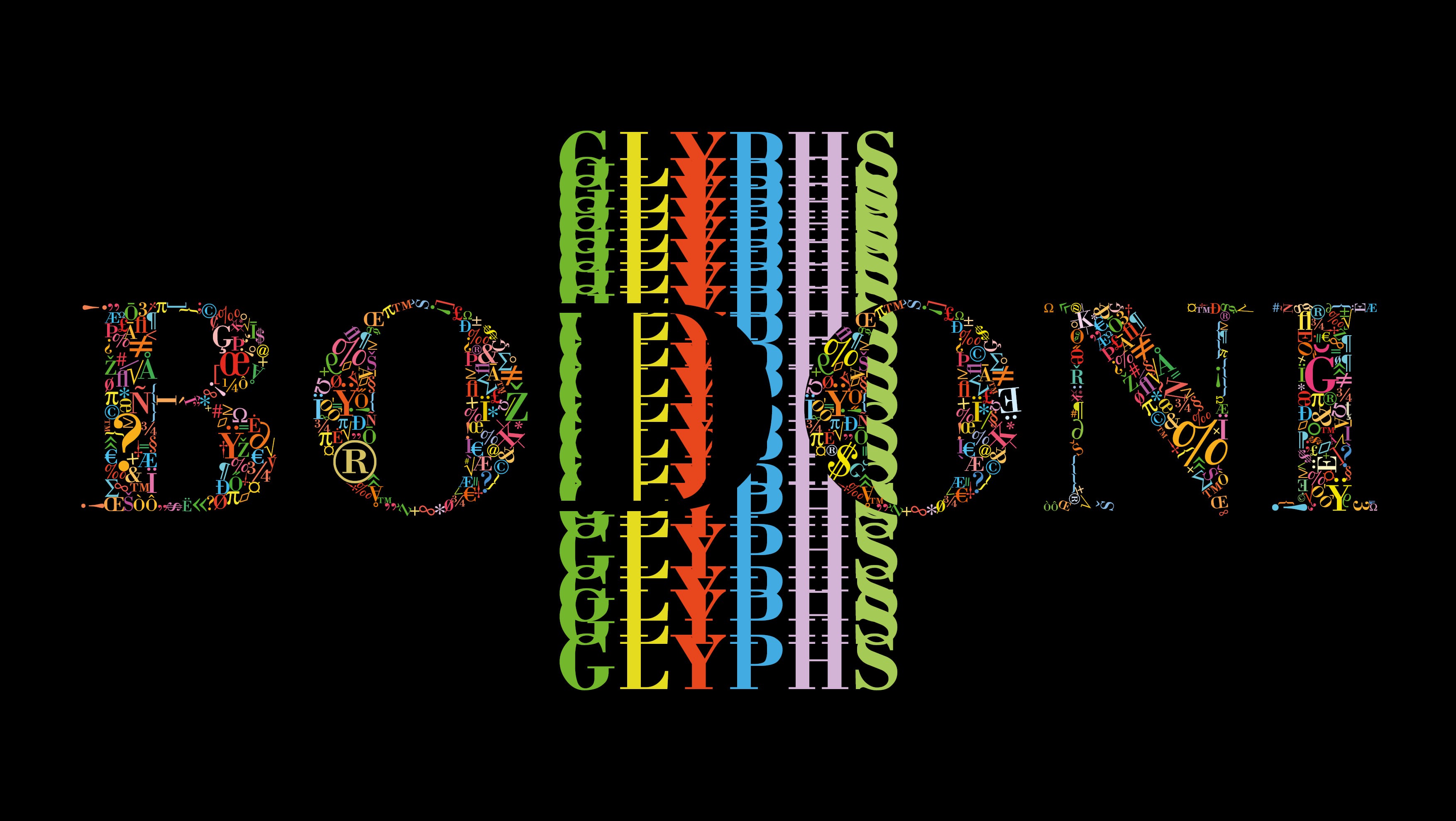 Experimental typography artwork featuring colorful Bodoni glyph compositions