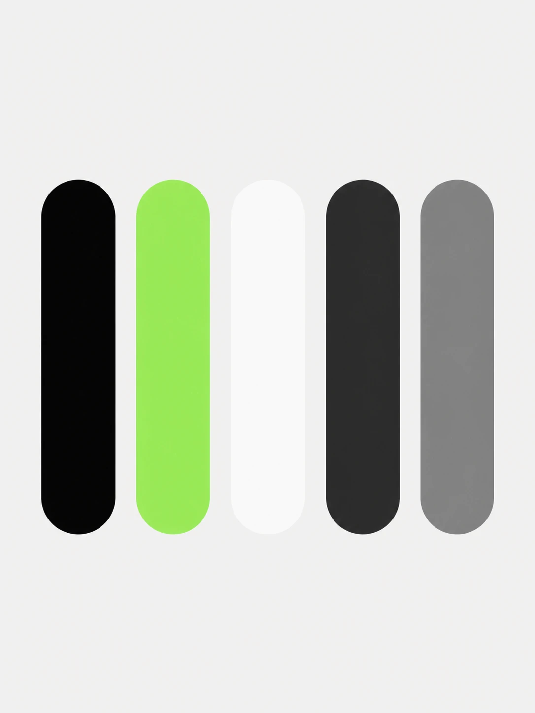 Five vertical rounded rectangles: black, green, white, black, gray.