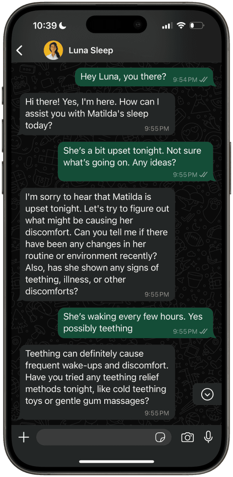 Screenshot of Luna virtual AI sleep consultant in WhatsApp