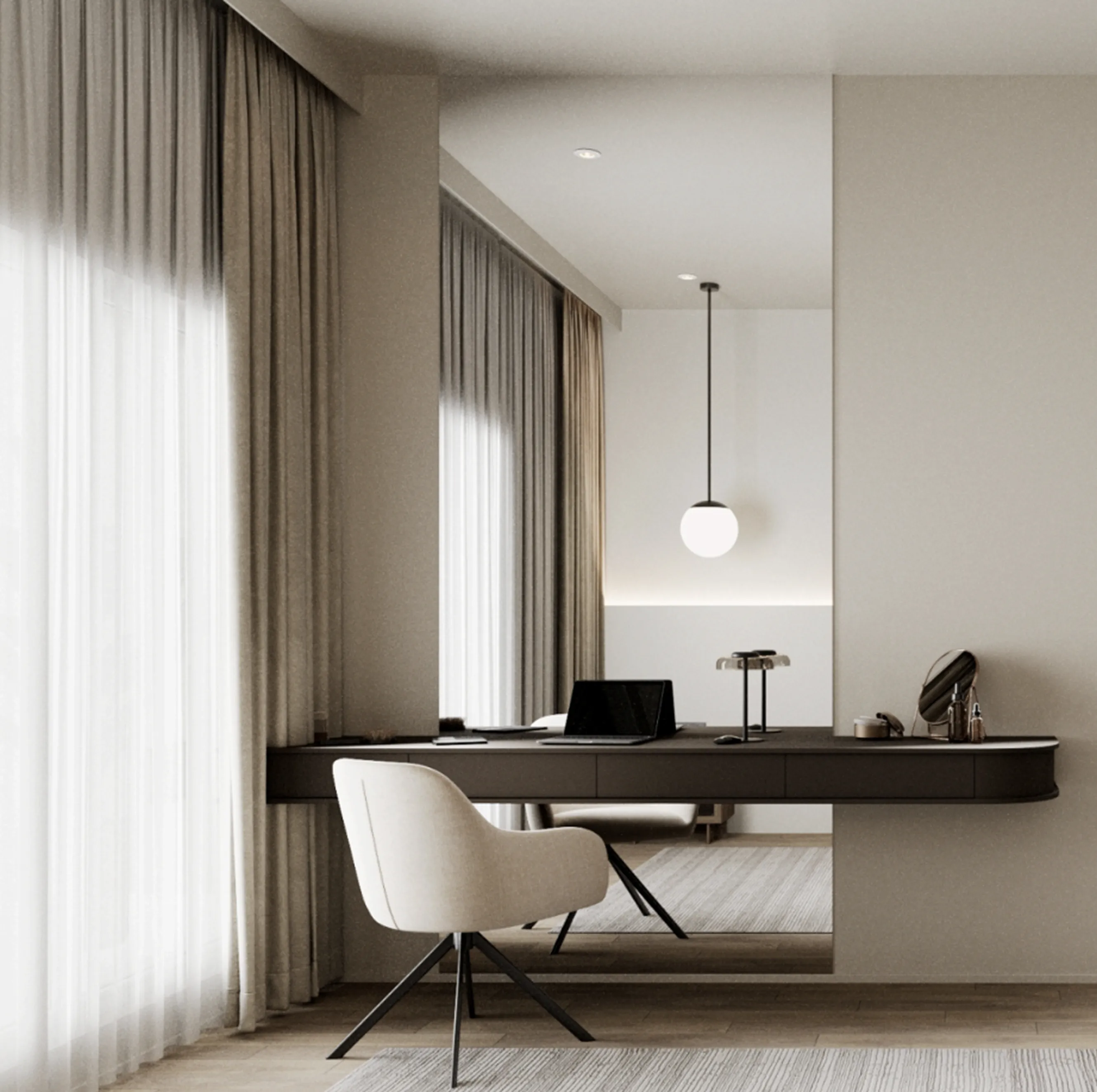 Minimalistic home office corner next to a window.