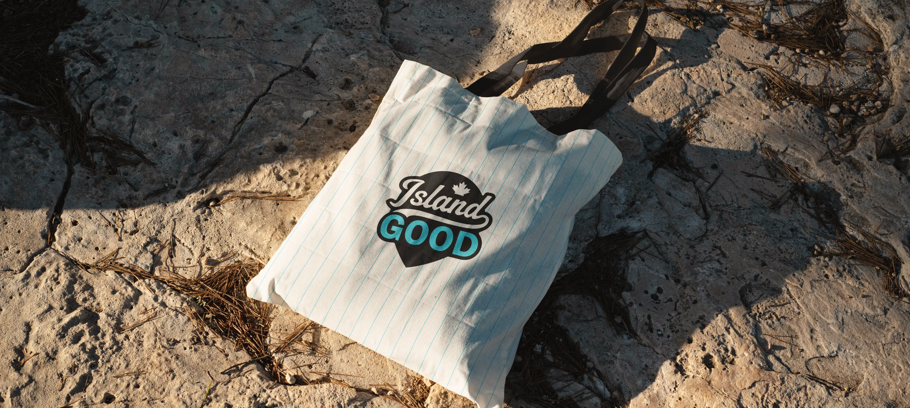 The Island Good logo on a cream tote bag. The bag has blue pin stripes printed on it and black handles. It is sitting on beach rocks with warm golden hour sun.