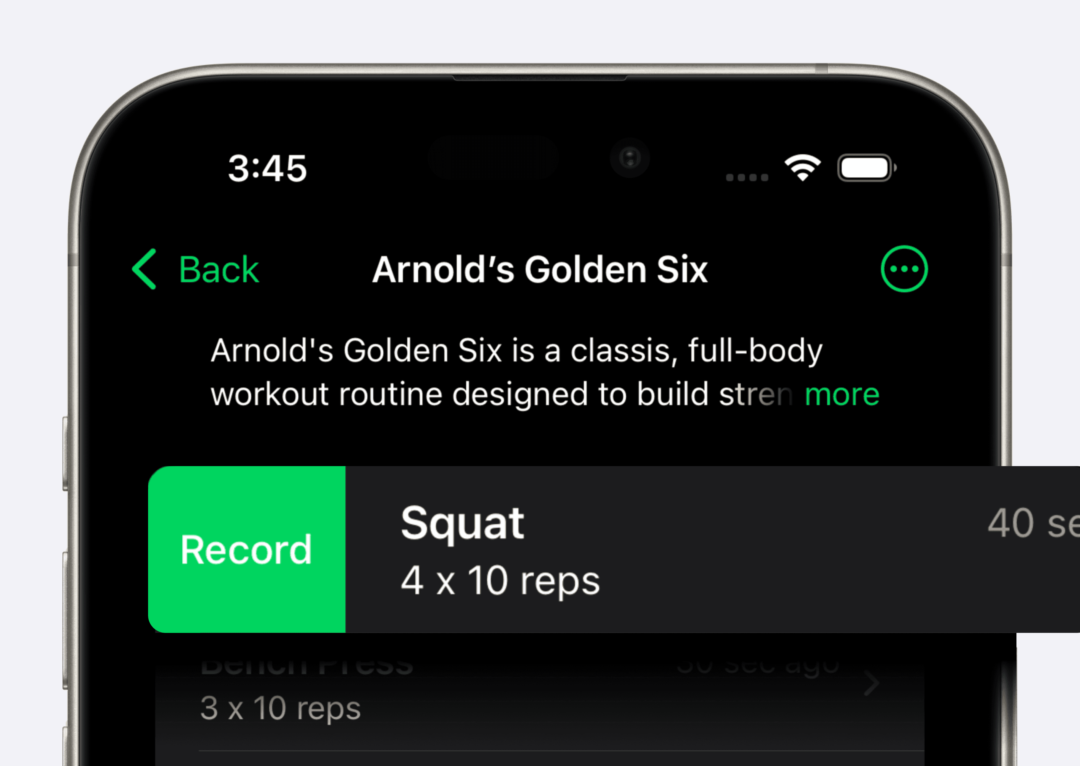 A screenshot of the Setgraph app displaying a workout named 'Arnold's Golden Six.' The description reads, 'Arnold's Golden Six is a classic, full-body workout routine designed to build strength...' with a 'more' link for further details. Below the description, there is a highlighted record entry for 'Squat' with 4 sets of 10 reps. The interface uses a black background with green highlights for key actions and details.